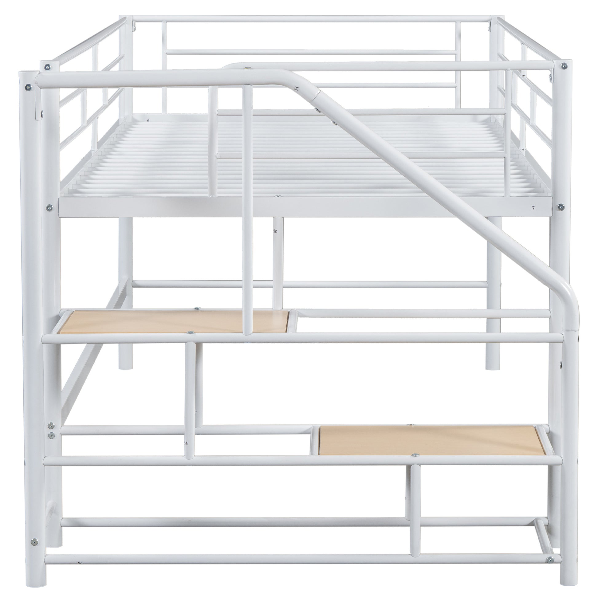 White metal bunk bed with integrated stairs and wood steps