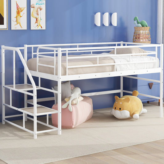 White metal loft bed with integrated stairs perfect for kids rooms