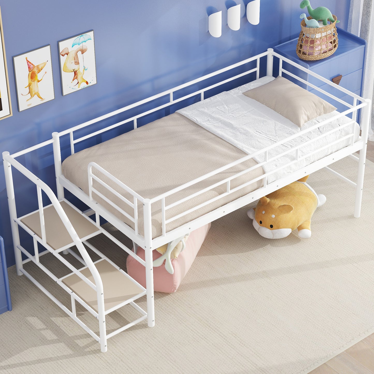 White metal twin loft bed with attached ladder and bedding