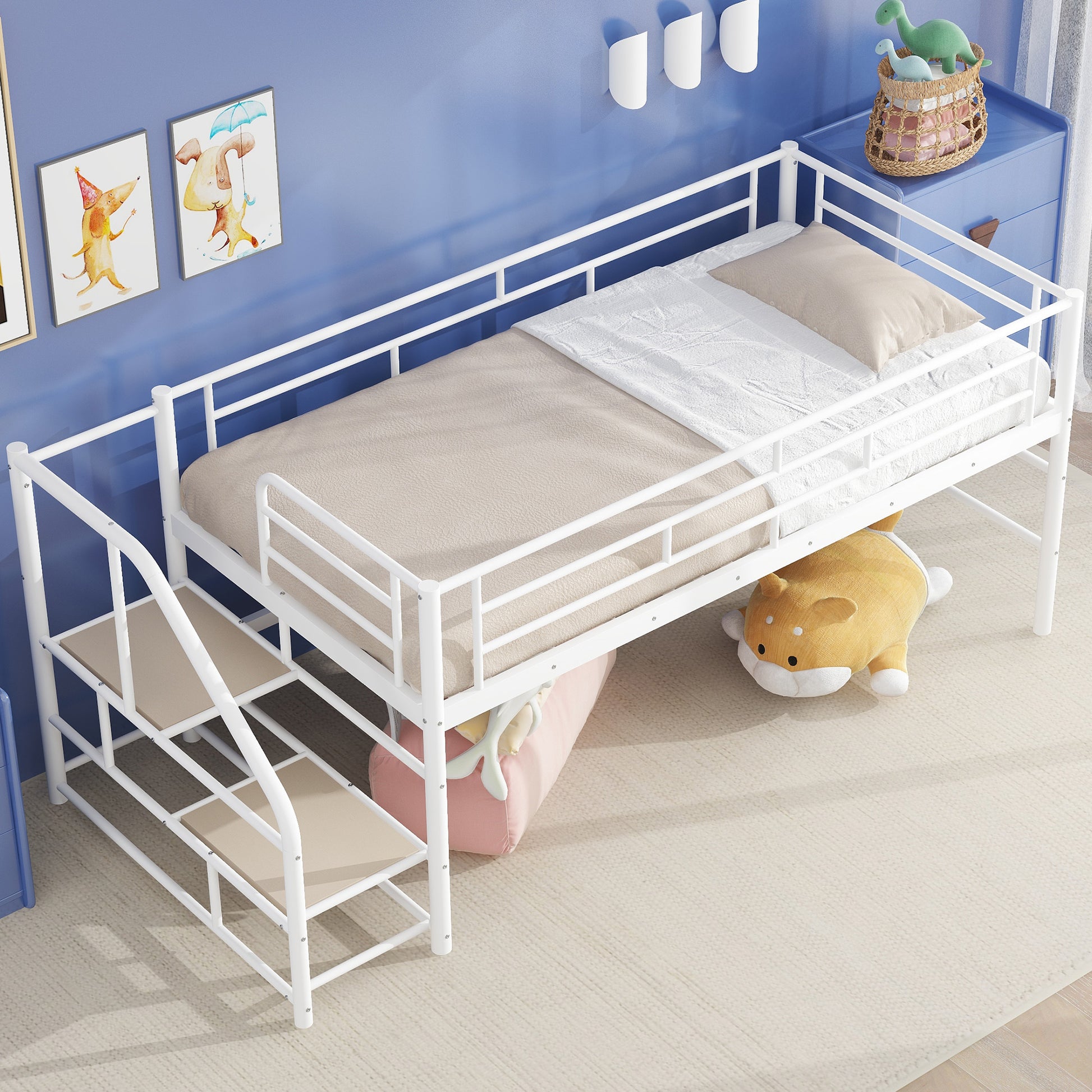 White metal twin loft bed with attached ladder and bedding