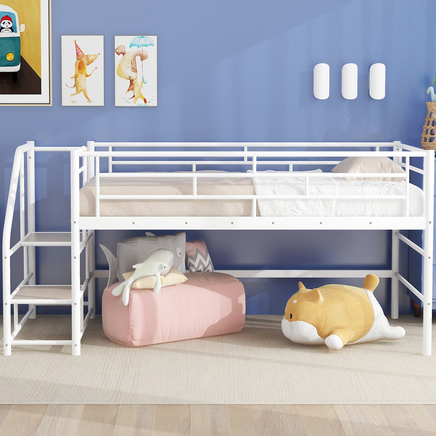 White metal loft bed with ladder for childrens bedroom featuring a playful underbed space