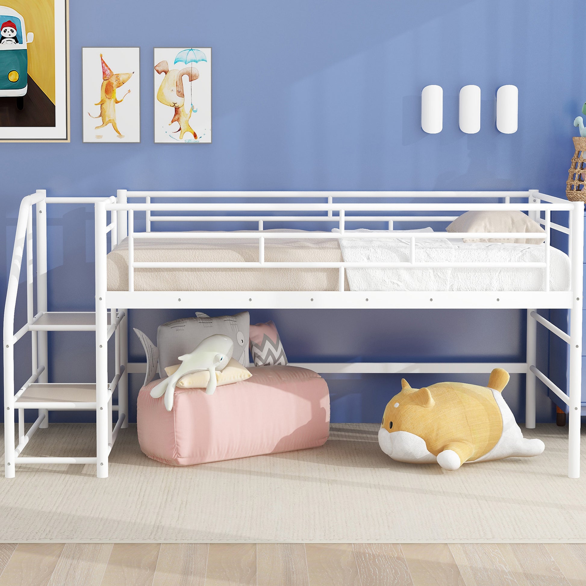 White metal loft bed with ladder for childrens bedroom featuring a playful underbed space