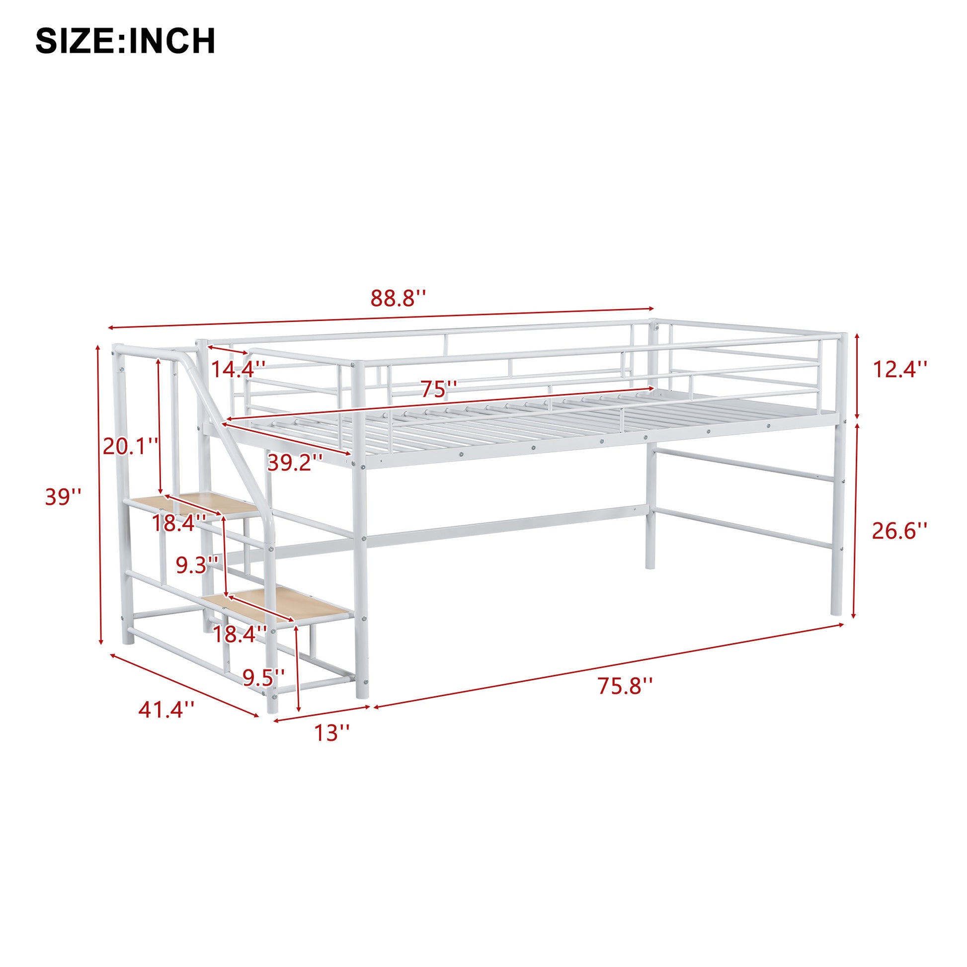White metal loft bed with integrated ladder and step dimensions