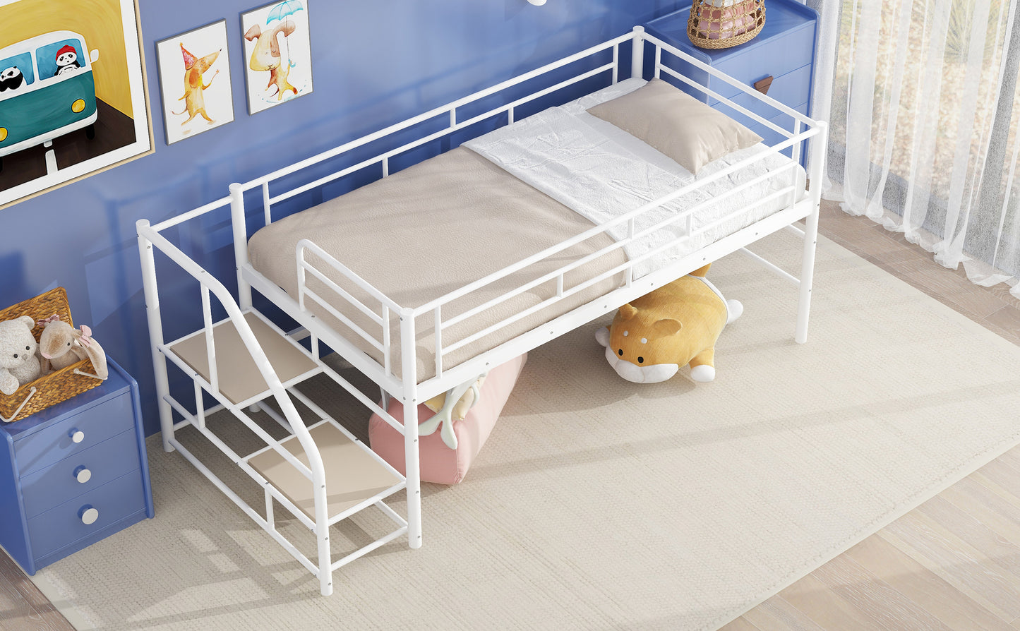 White metal loft bed with integrated ladder perfect for kids rooms