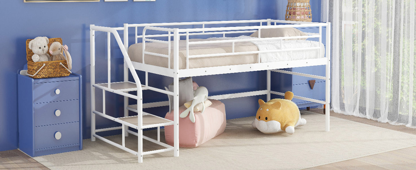 White metal loft bed with integrated ladder and mattress for kids