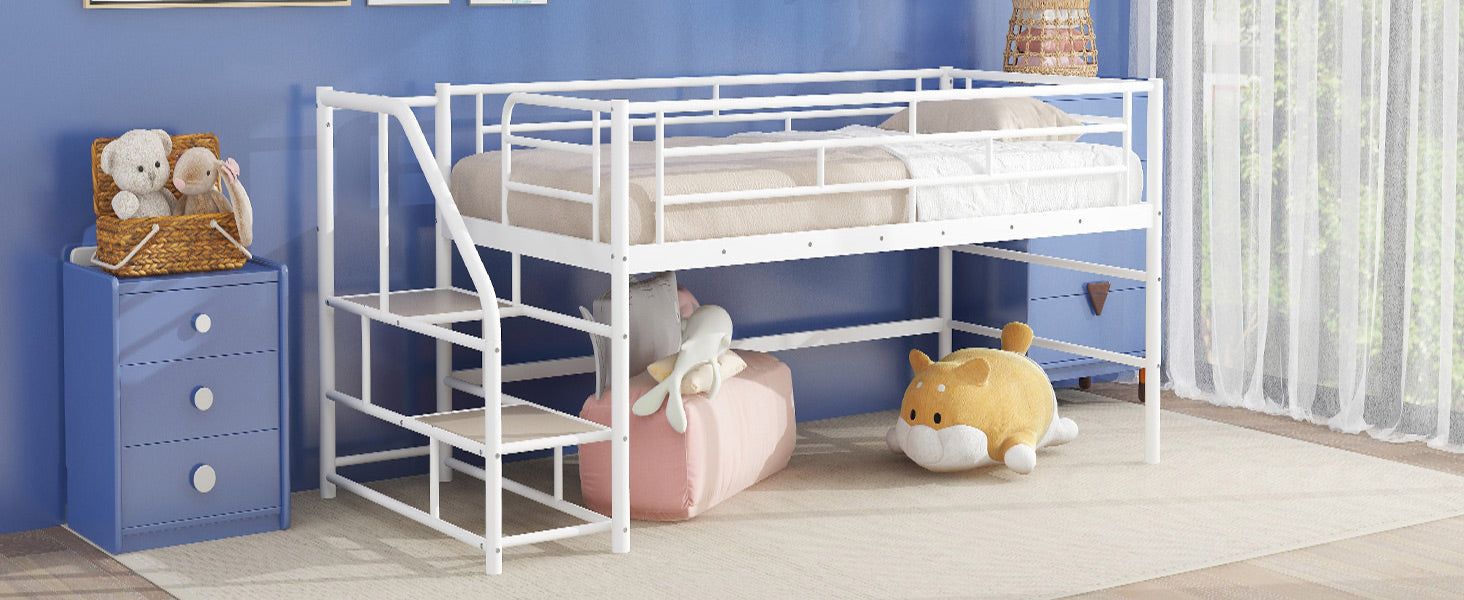 White metal loft bed with integrated ladder and mattress for kids