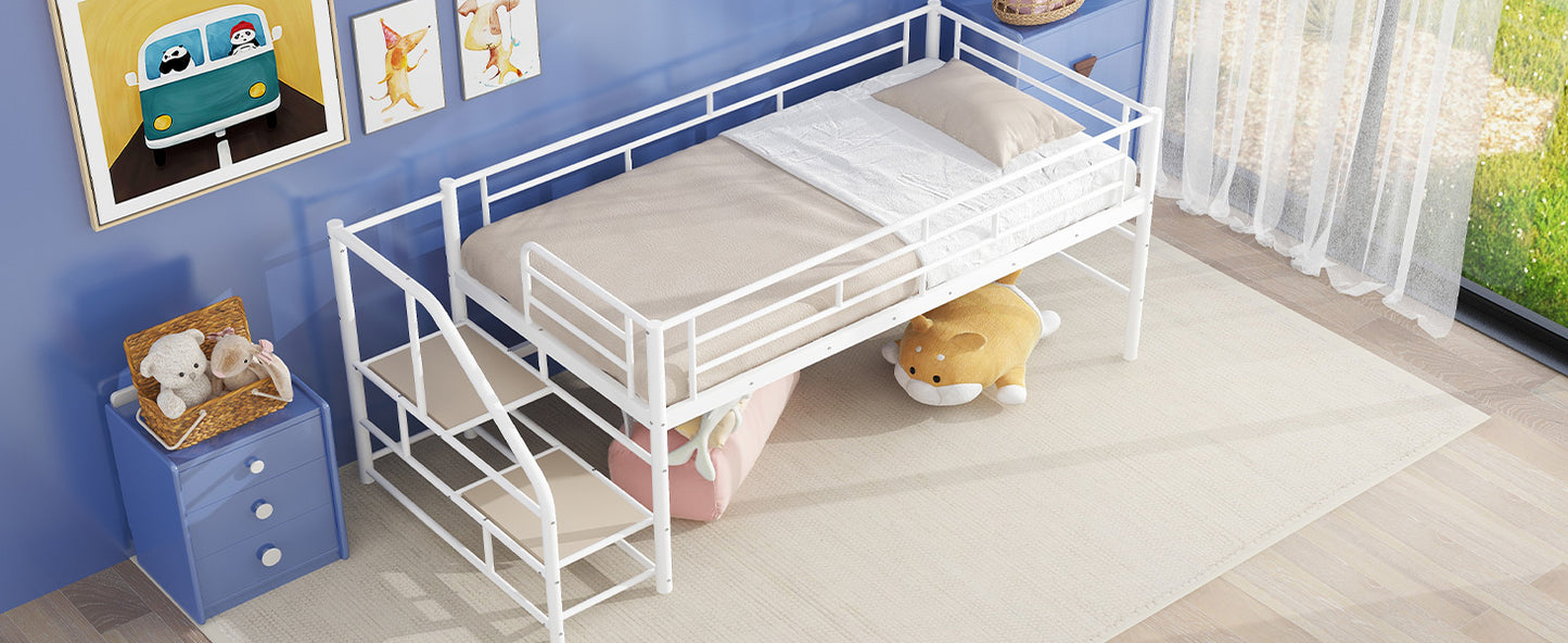 White metal loft bed with stairs and guardrail for childrens room
