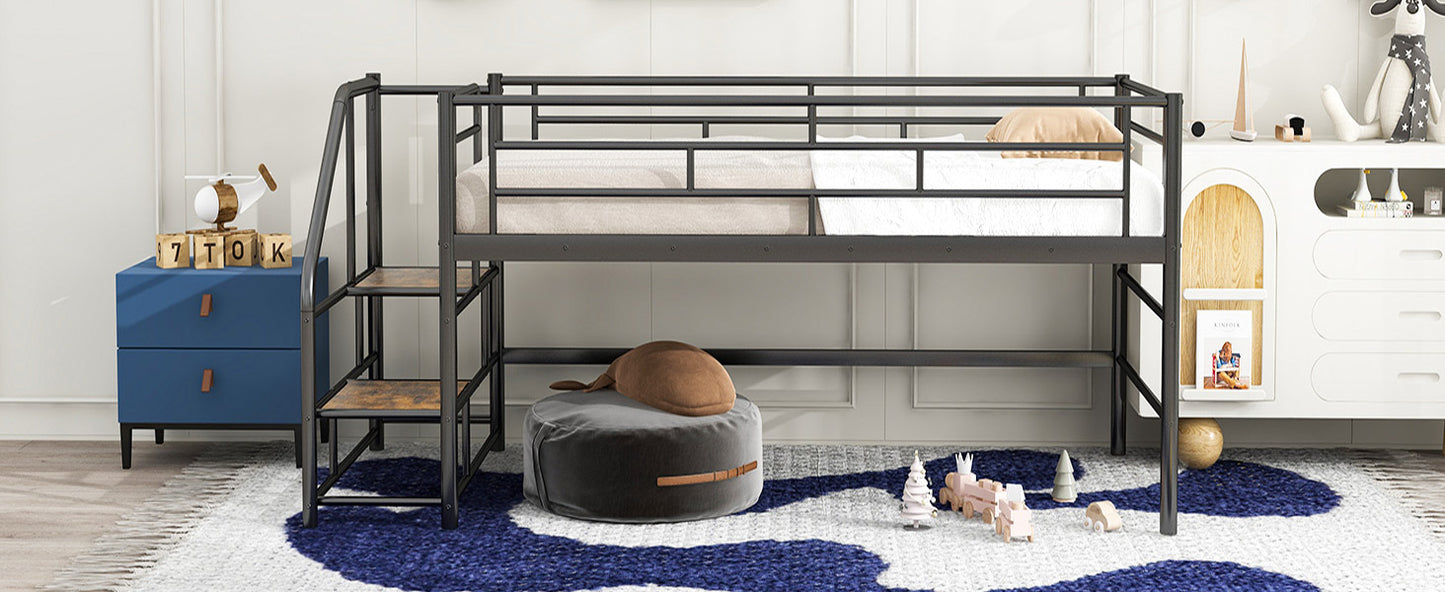 Black metal loft bed with integrated desk and ladder ideal for kids rooms