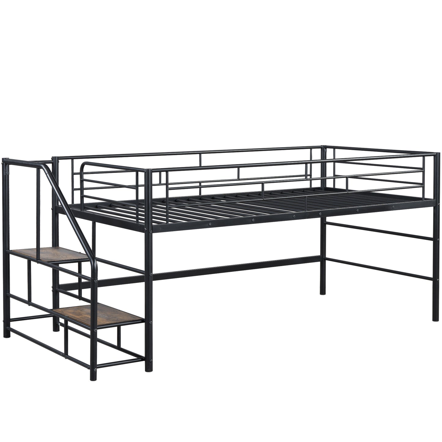 Black metal loft bed with integrated ladder and wooden steps for kids rooms