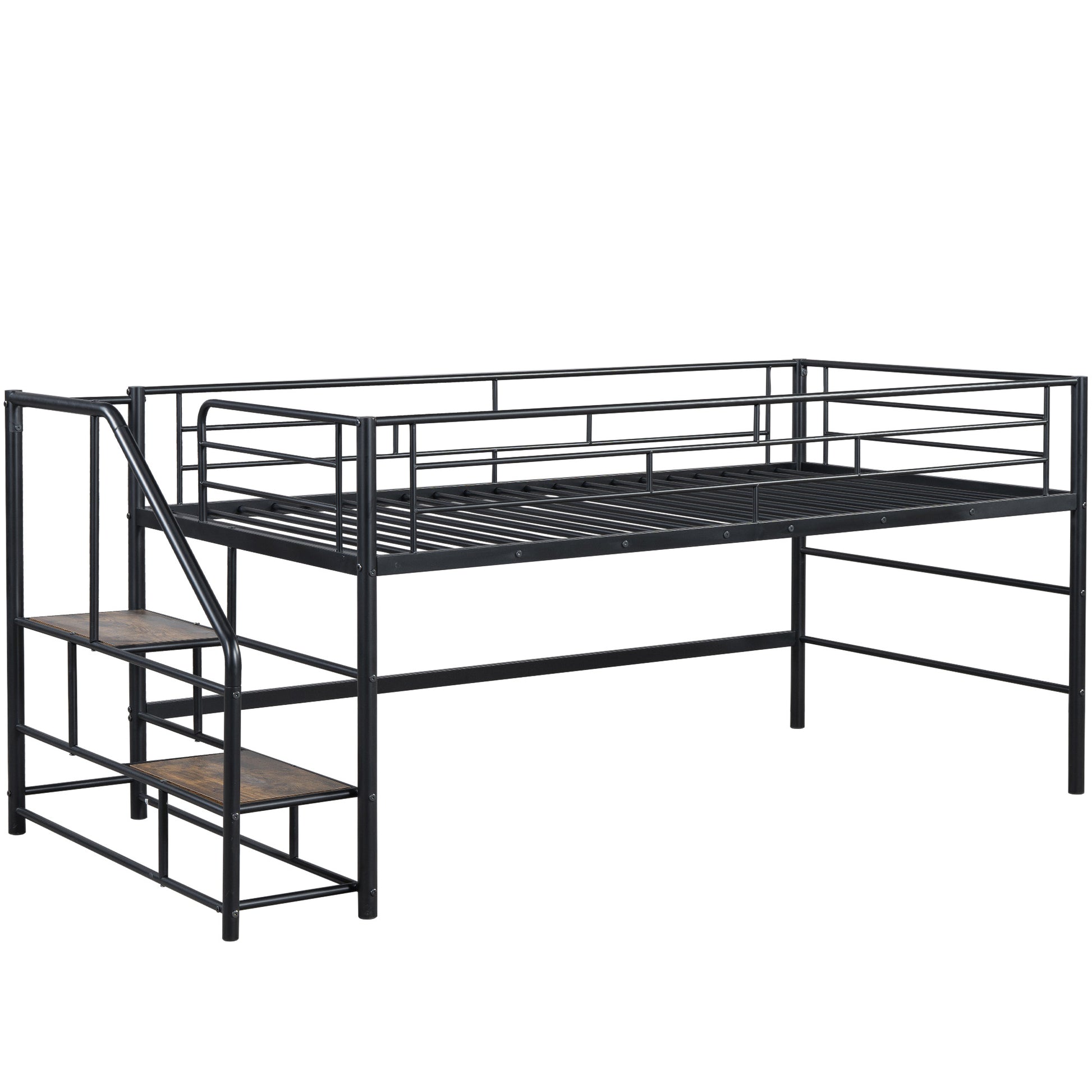 Black metal loft bed with integrated ladder and wooden steps for kids rooms
