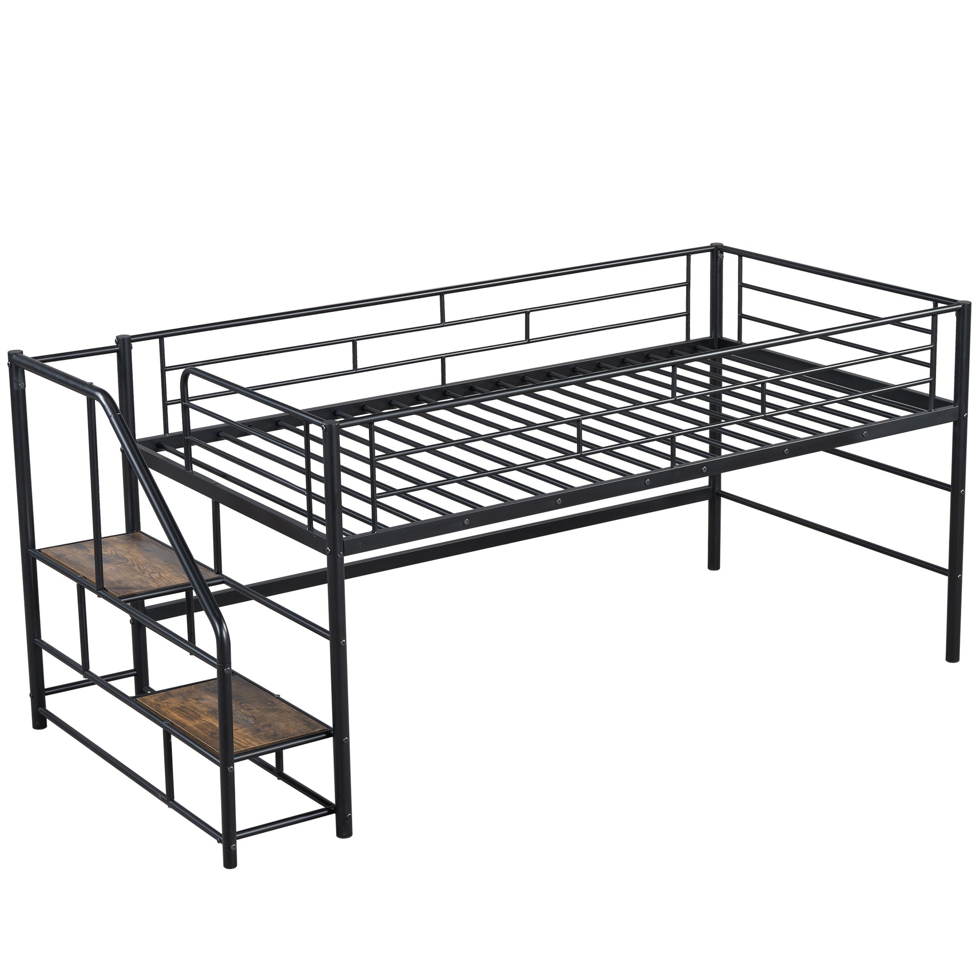 Black metal twin loft bed with integrated wooden step ladder for kids room