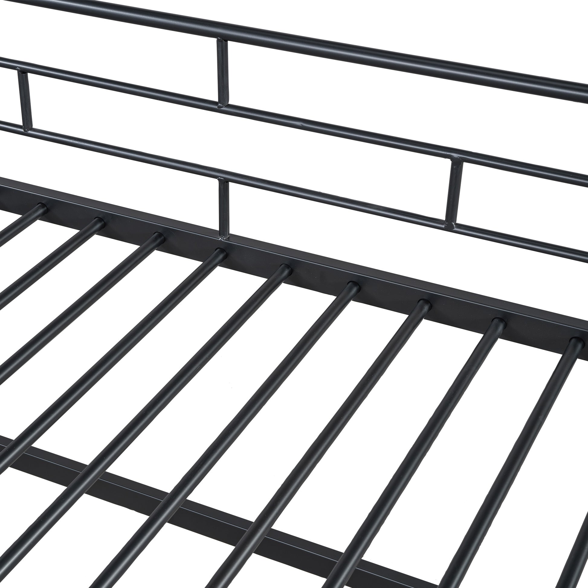 Black metal daybed frame with a slatted support system