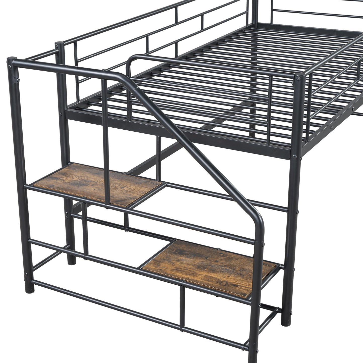 Black metal loft bed with two wooden steps and sturdy guardrails