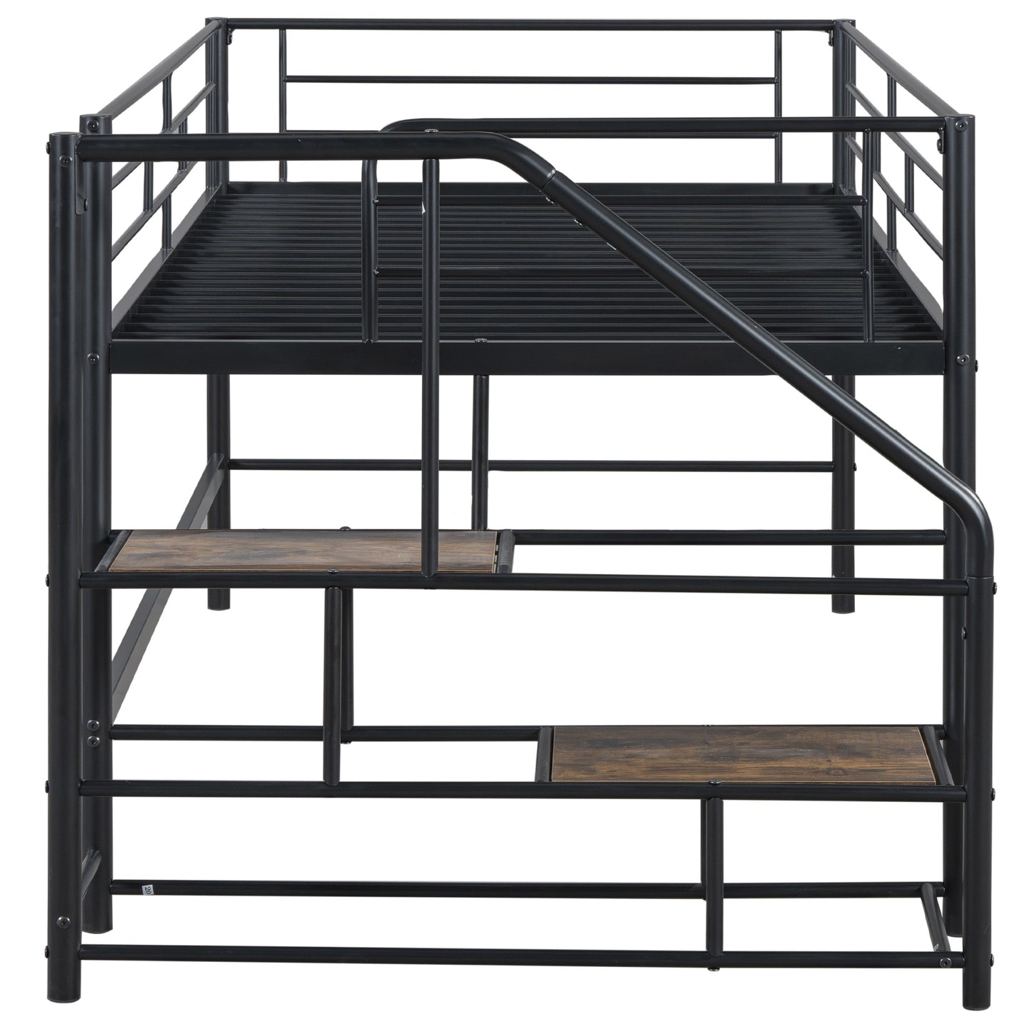 Black metal loft bed with woodgrain stairs and safety rails