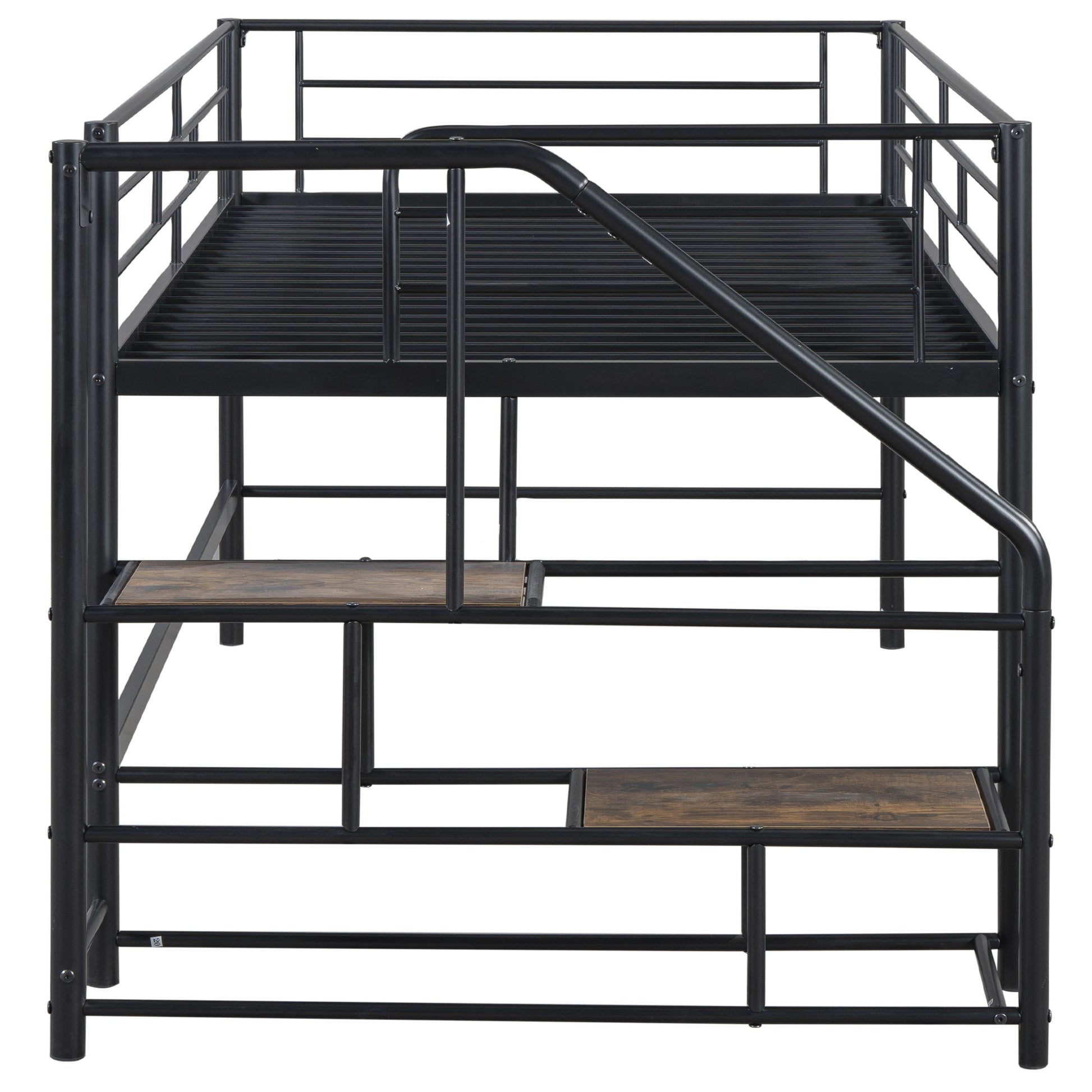 Black metal loft bed with woodgrain stairs and safety rails