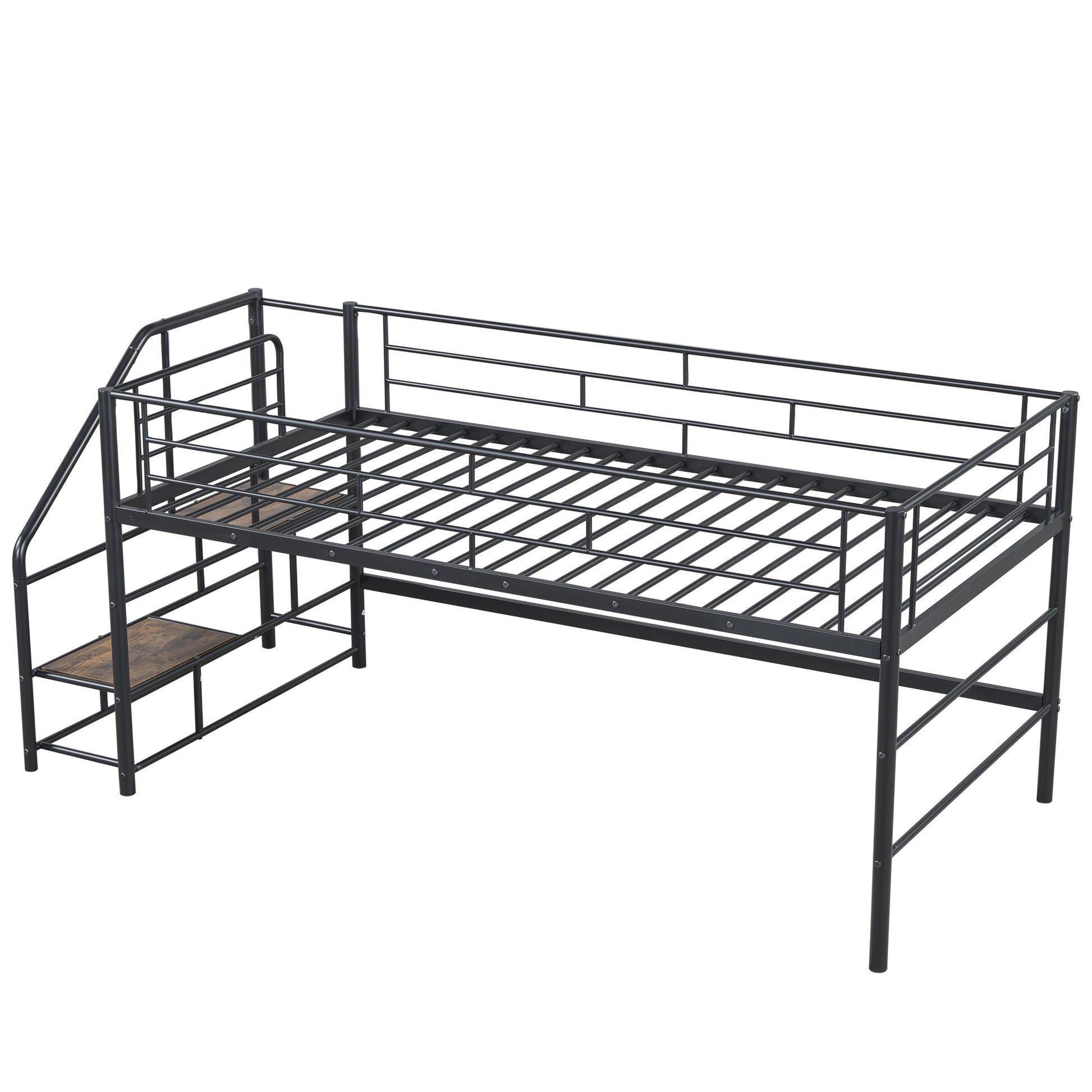 Black metal twin loft bed with integrated ladder and woodaccented steps