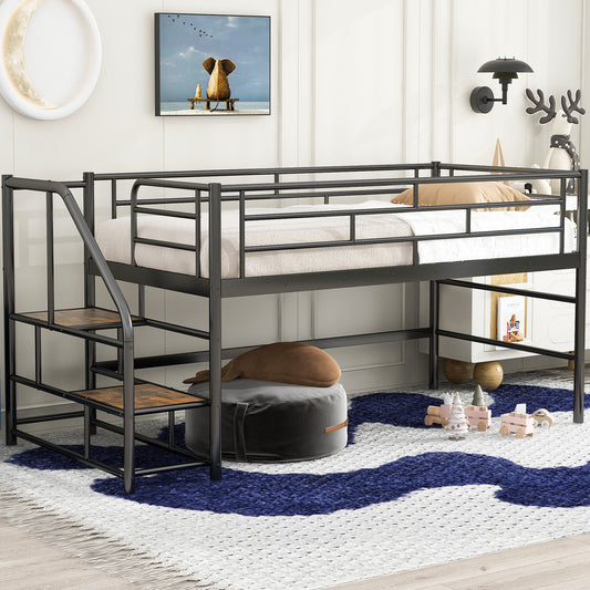 Black metal loft bed with attached ladder featuring a twin mattress and safety rails