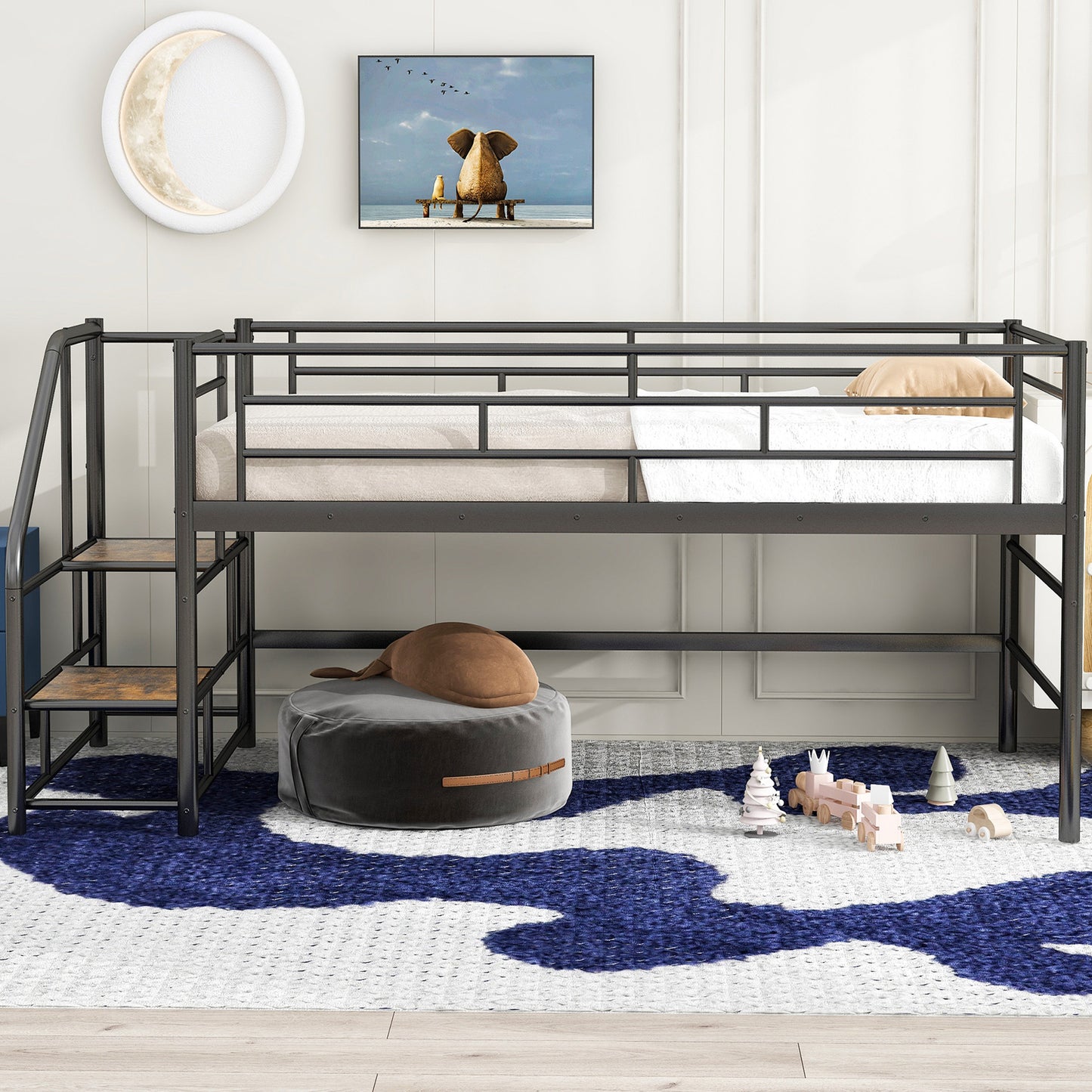 Black metal loft bed with ladder and wooden steps perfect for kids