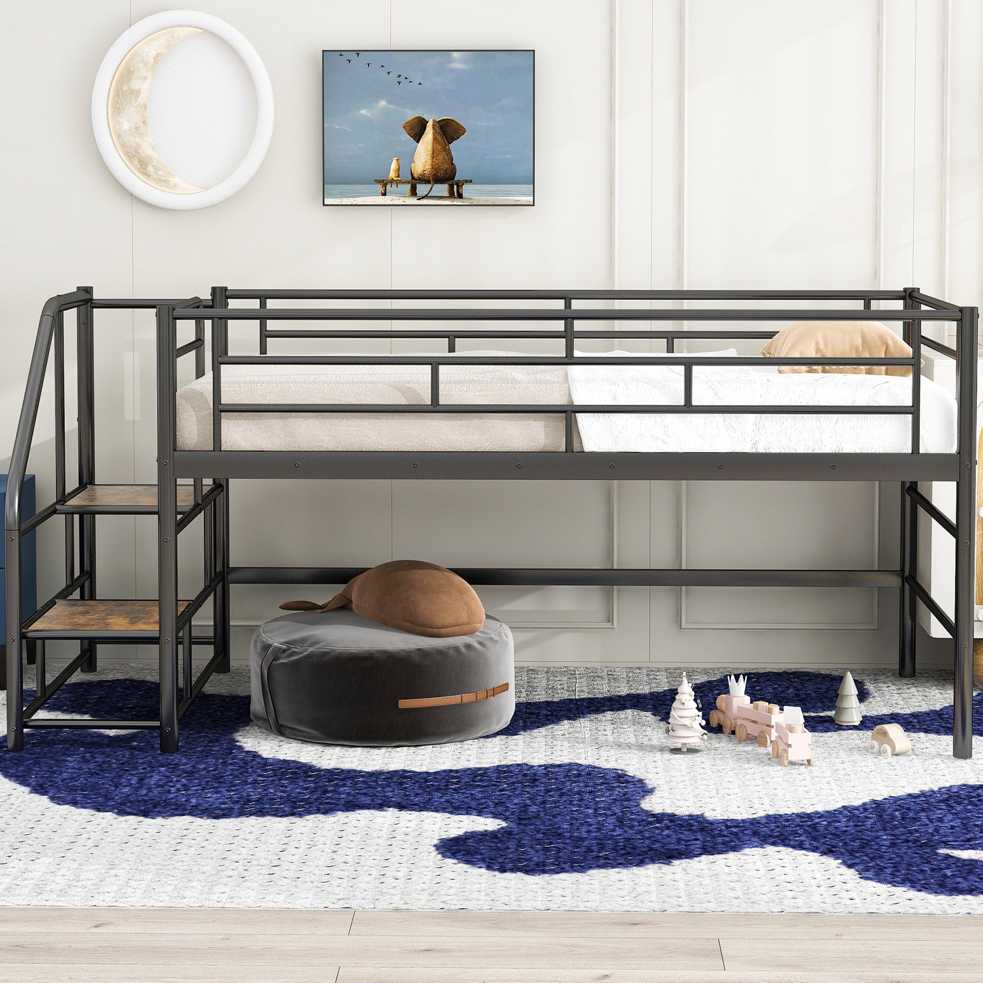 Black metal loft bed with ladder and wooden steps perfect for kids