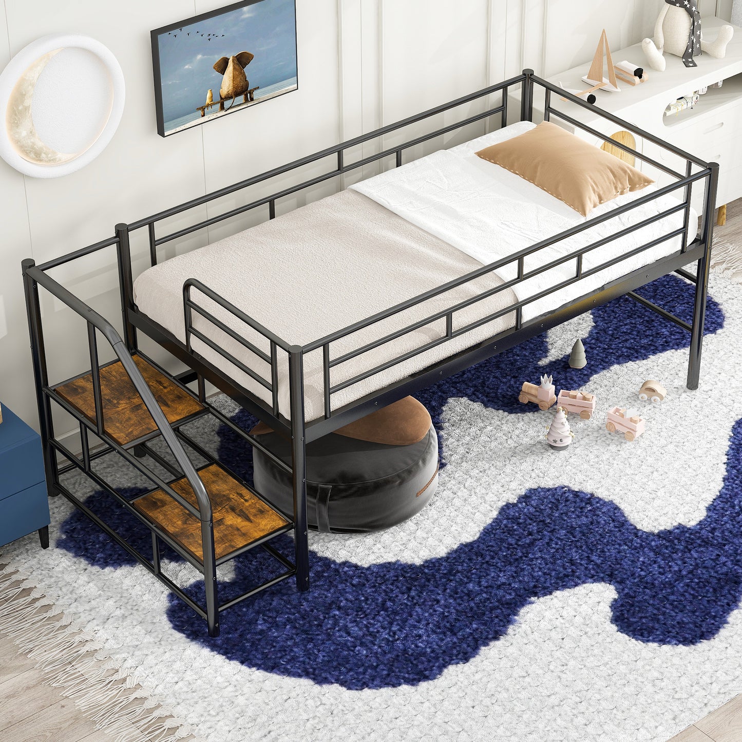 Black metal twin loft bed with integrated ladder for kids rooms