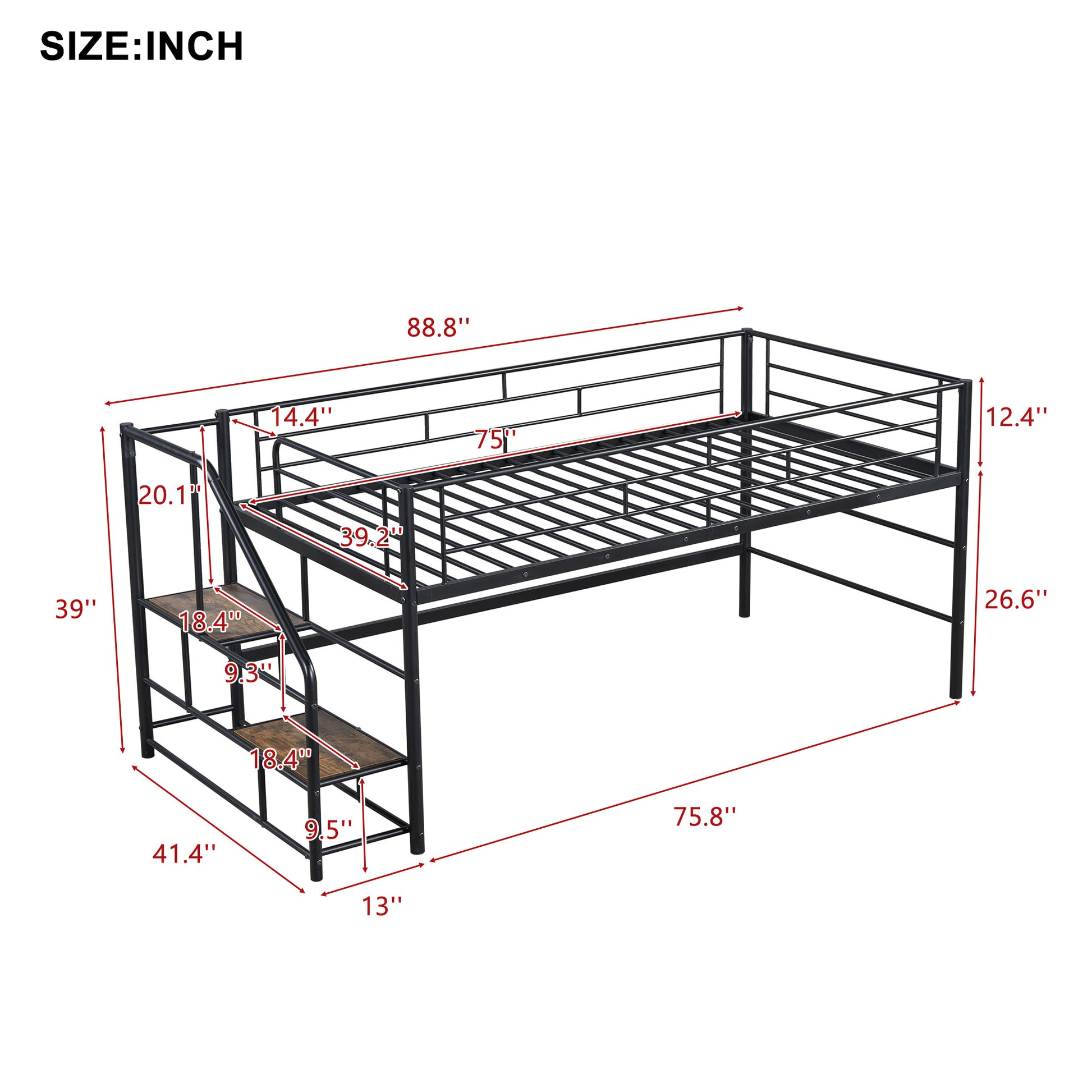 Black metal loft bed with integrated ladder and wood step accents