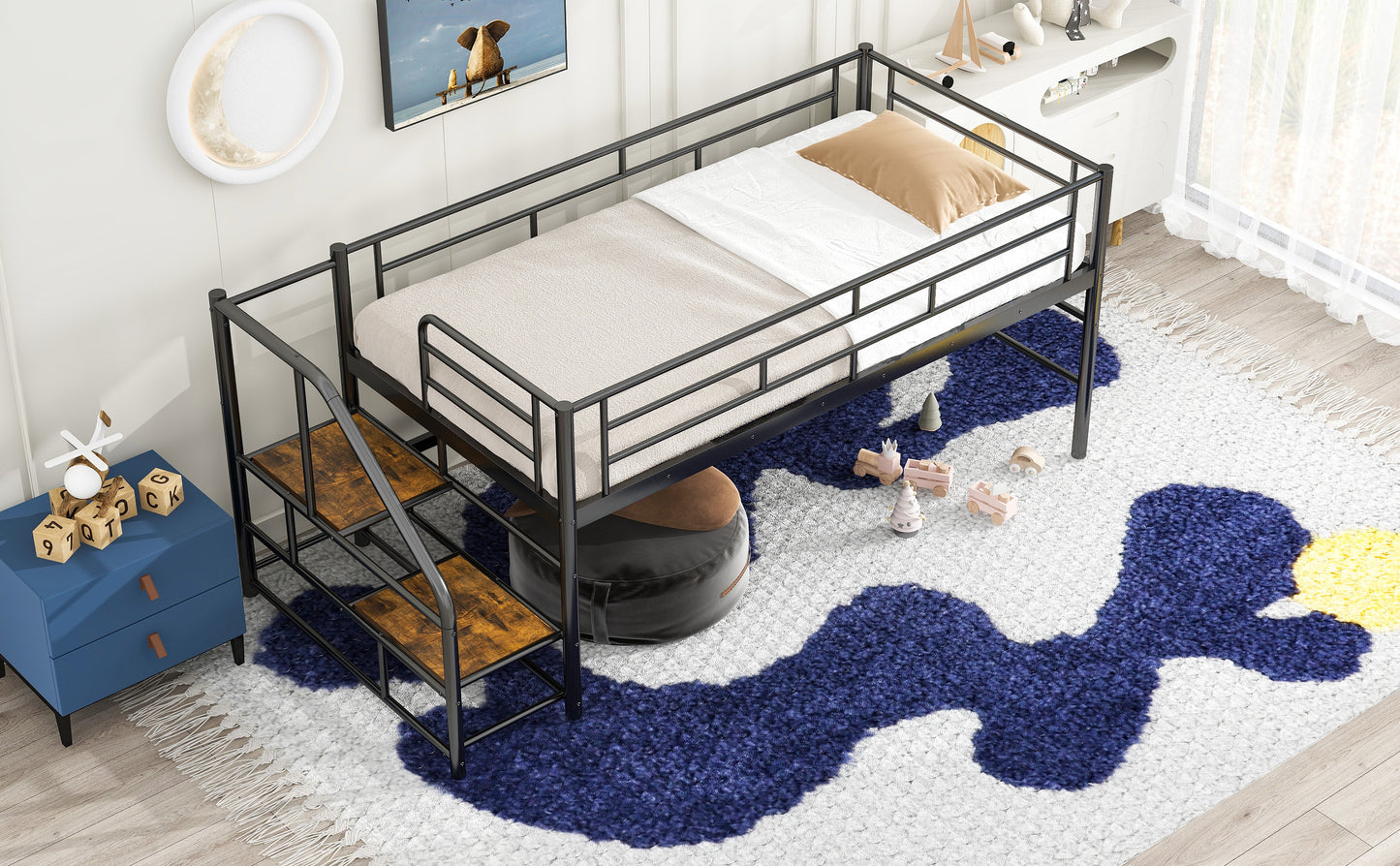 Black metal loft bed with wooden ladder stairs and a white mattress