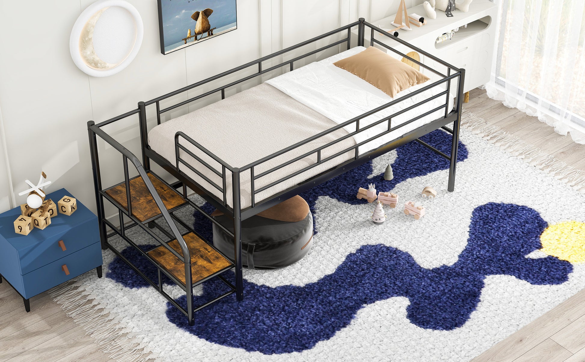 Black metal loft bed with wooden ladder stairs and a white mattress