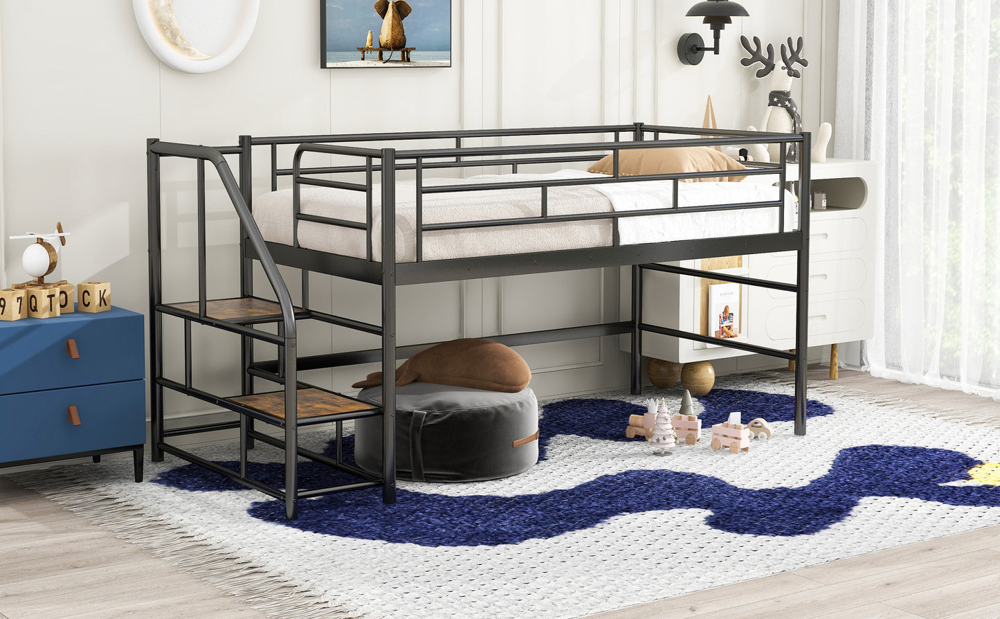 Black metal loft bed with integrated ladder perfect for kids rooms