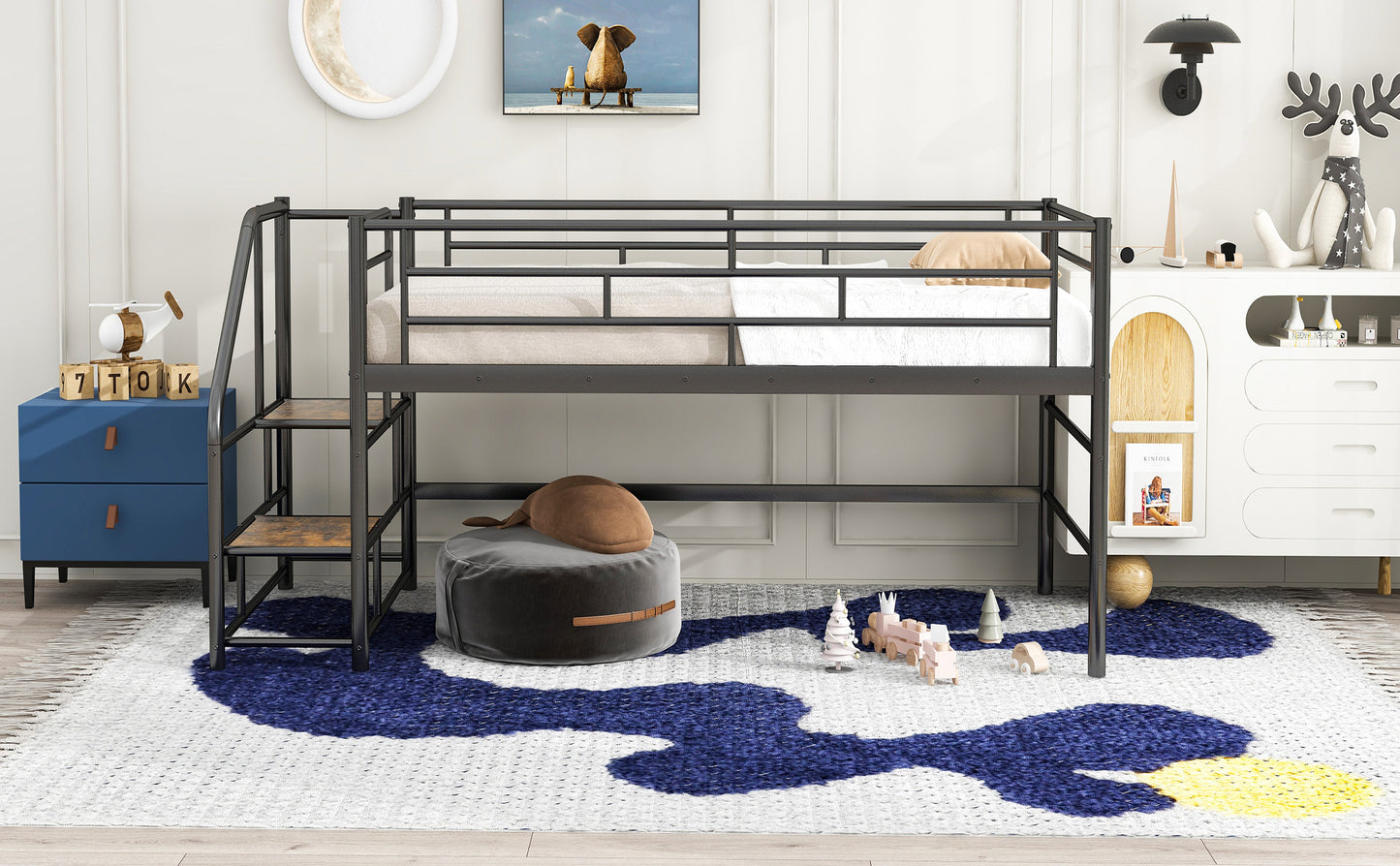 Black metal loft bed with ladder and white bedding