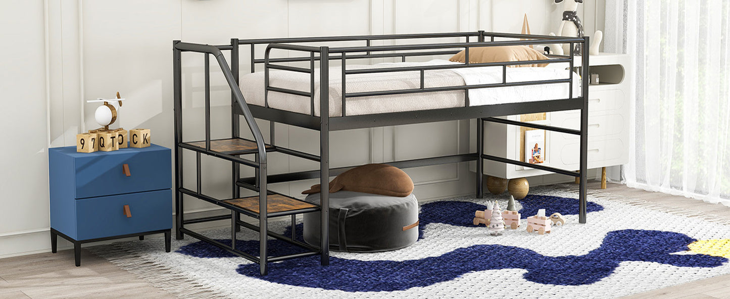 Black metal loft bed with integrated ladder and safety rails perfect for maximizing bedroom space
