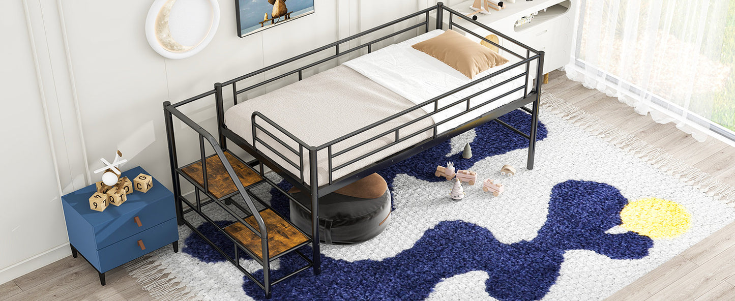 Black metal twin loft bed with wooden stairs ideal for small bedrooms