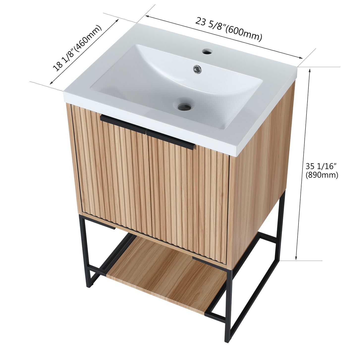Modern wood vanity with white ceramic sink and black metal frame