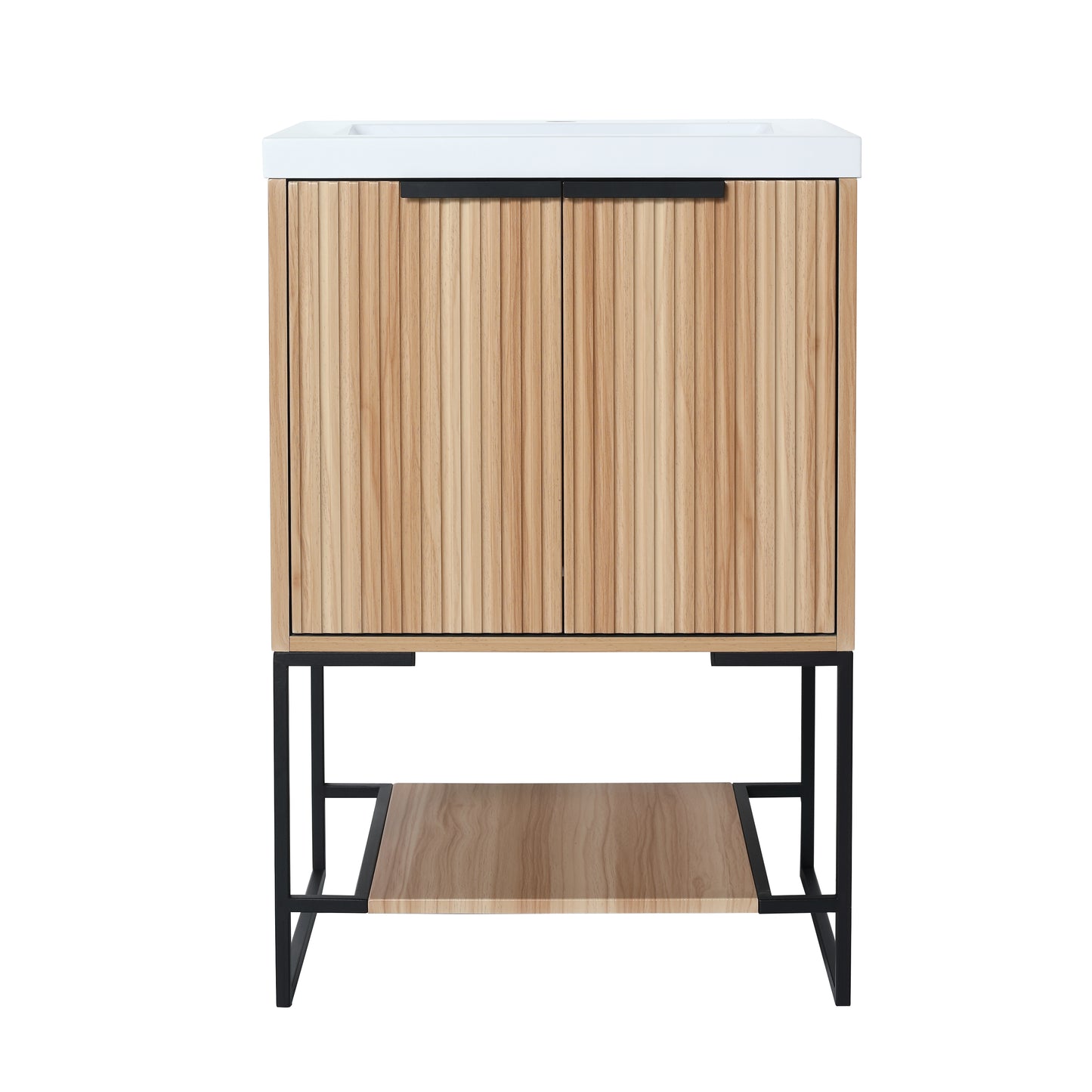 Modern light wood vanity with fluted doors and black metal frame ideal for bathrooms