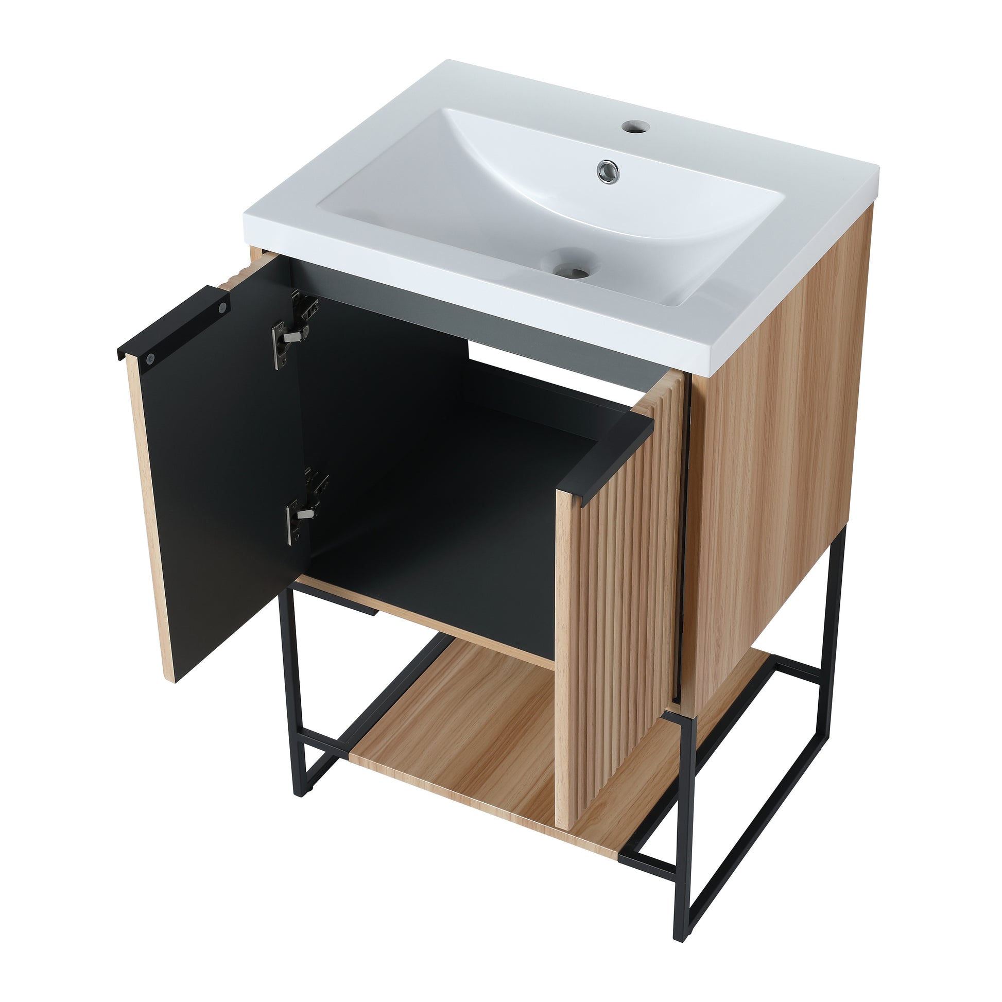 Modern oak bathroom vanity with white ceramic sink and black open cabinet