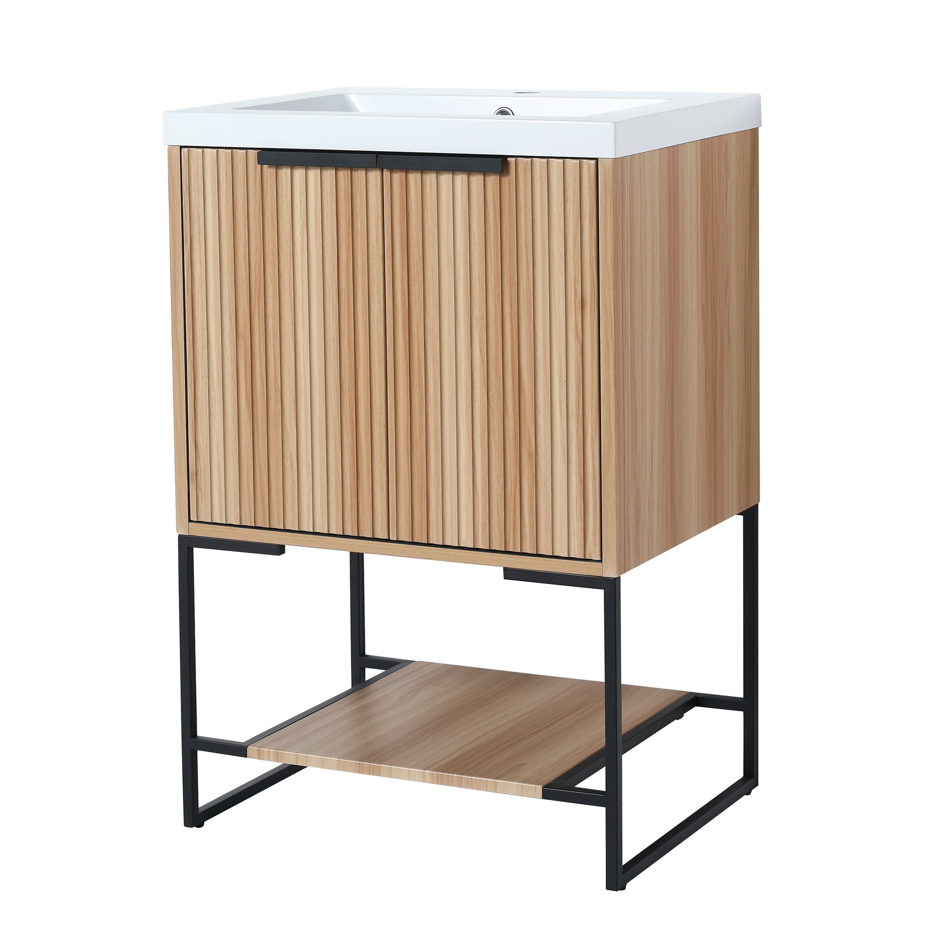 Modern light wood vanity with ribbed doors and black metal frame
