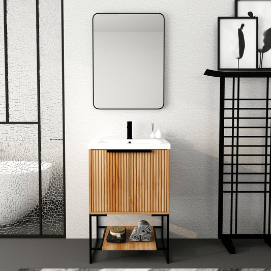 Modern bathroom vanity with fluted wood cabinet and black hardware