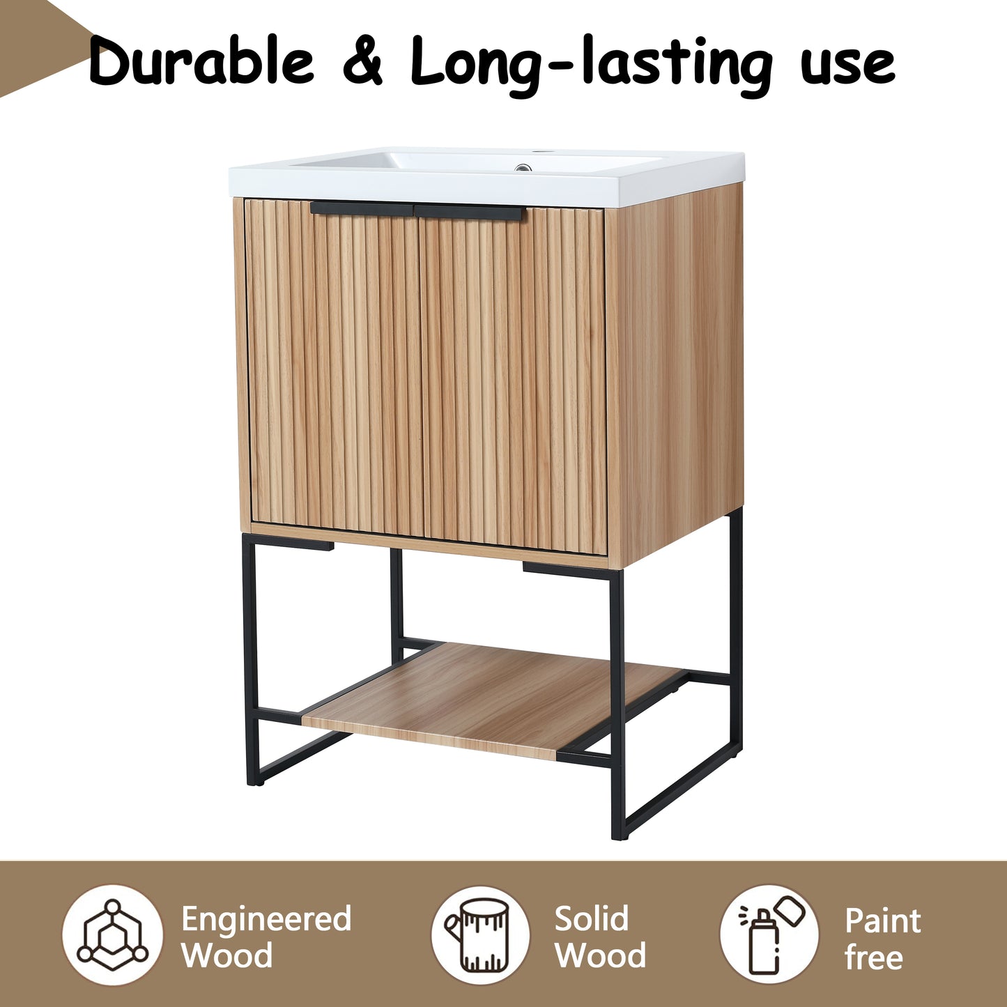Modern wood vanity cabinet with white ceramic sink and black metal frame