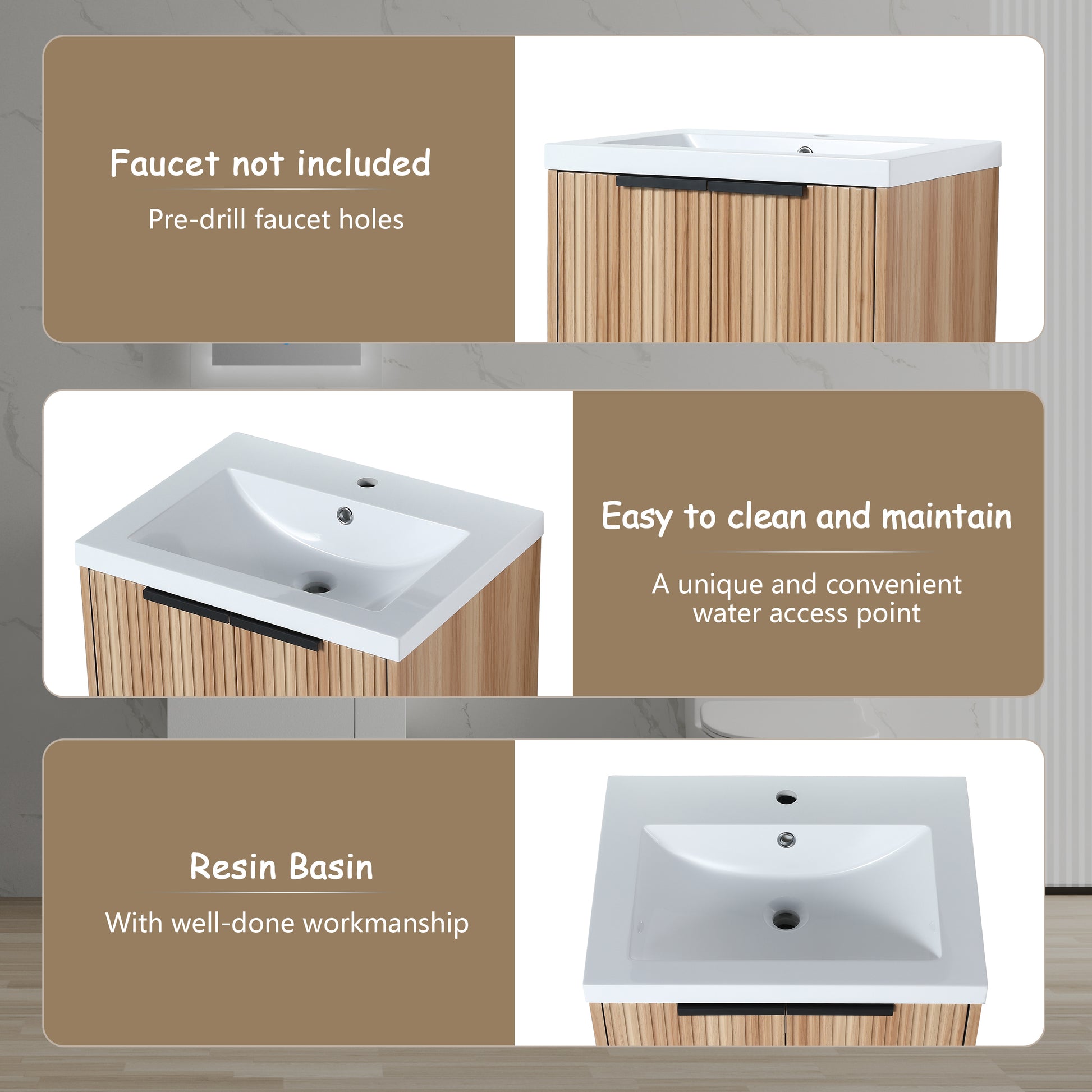 Modern bathroom vanity with ribbed wood grain cabinet and white sink top Faucet not included