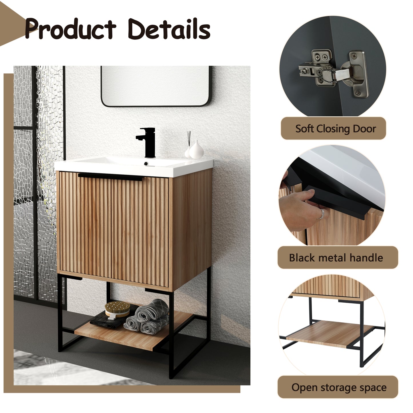 Modern light oak vanity with fluted door design and black metal handle