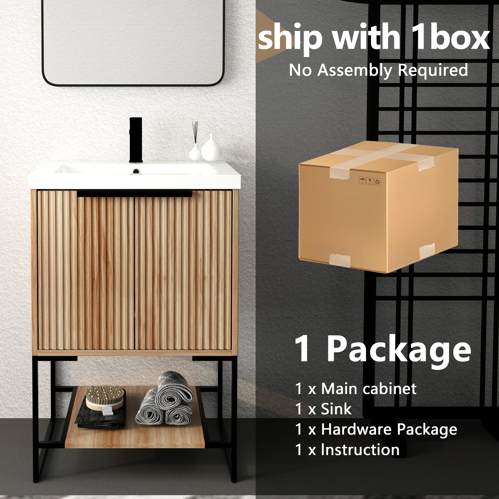 Modern vanity cabinet with fluted wood doors white ceramic sink and black faucet