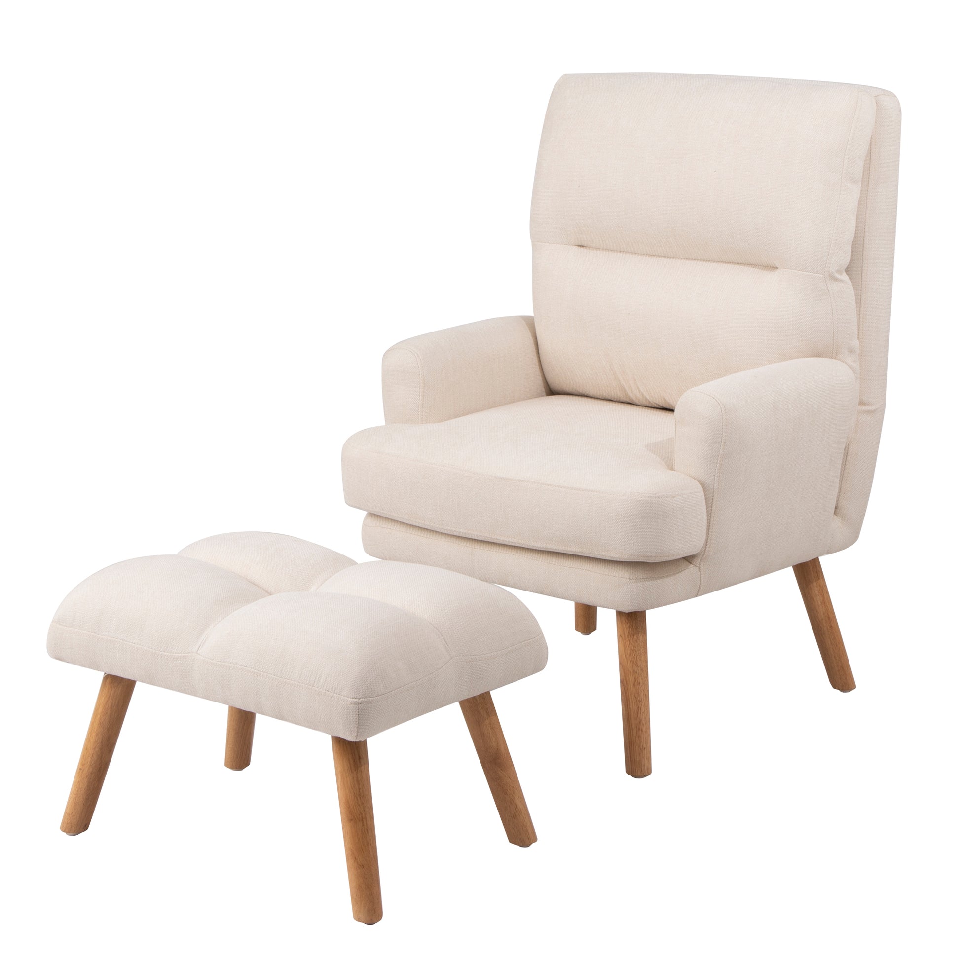 Cream linen accent chair with matching tufted ottoman and wooden legs