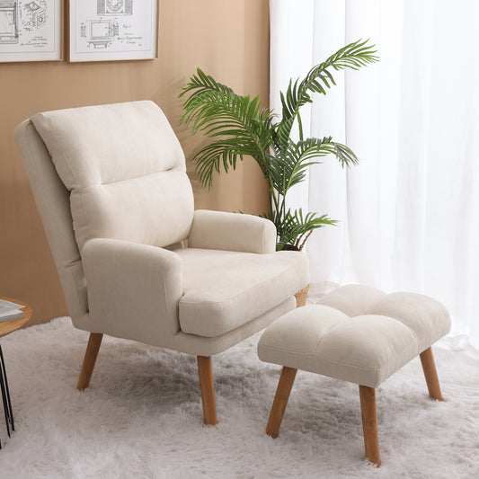 Comfortable beige linen accent chair with matching ottoman and wooden legs