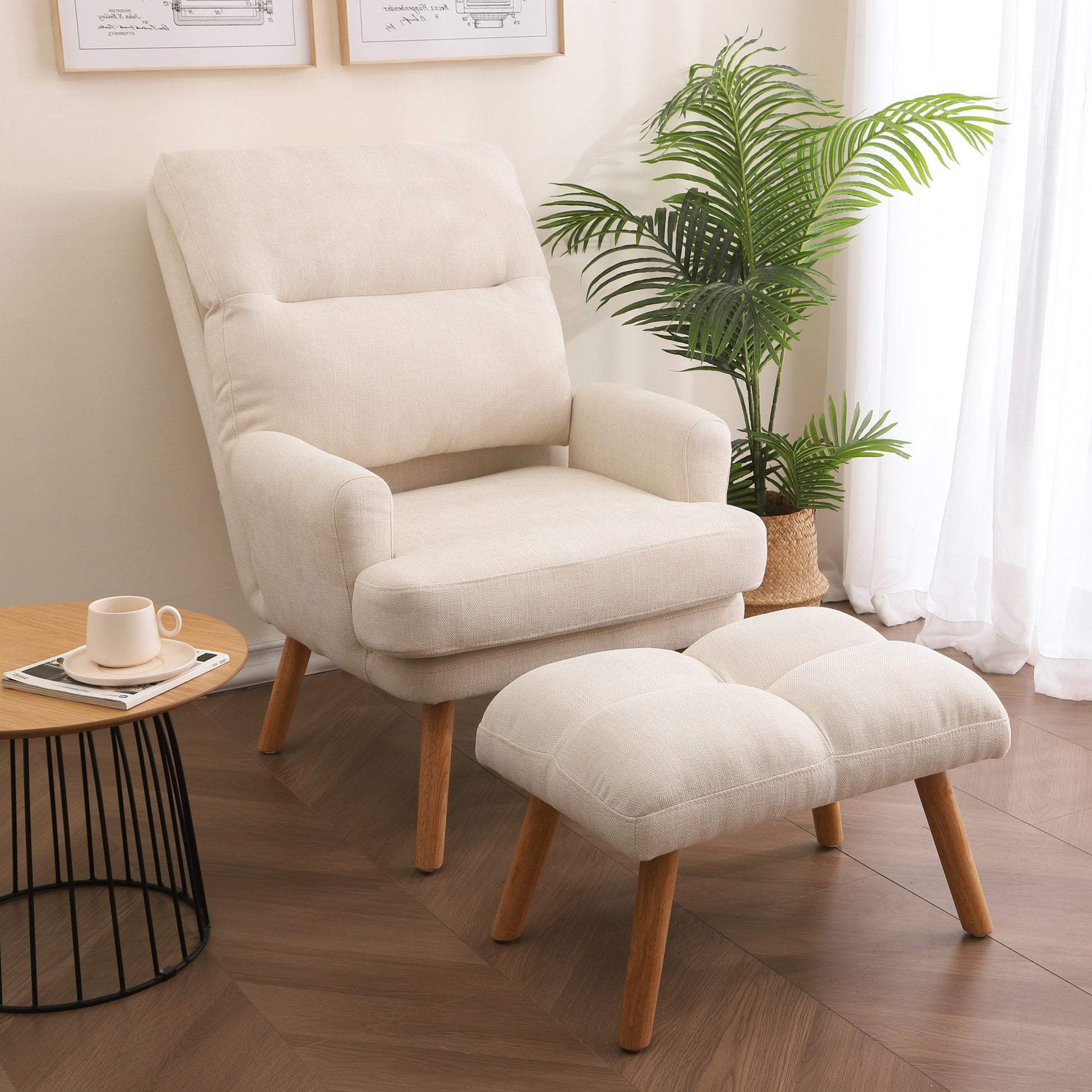 Cream fabric armchair with tufted seat and matching ottoman wooden legs