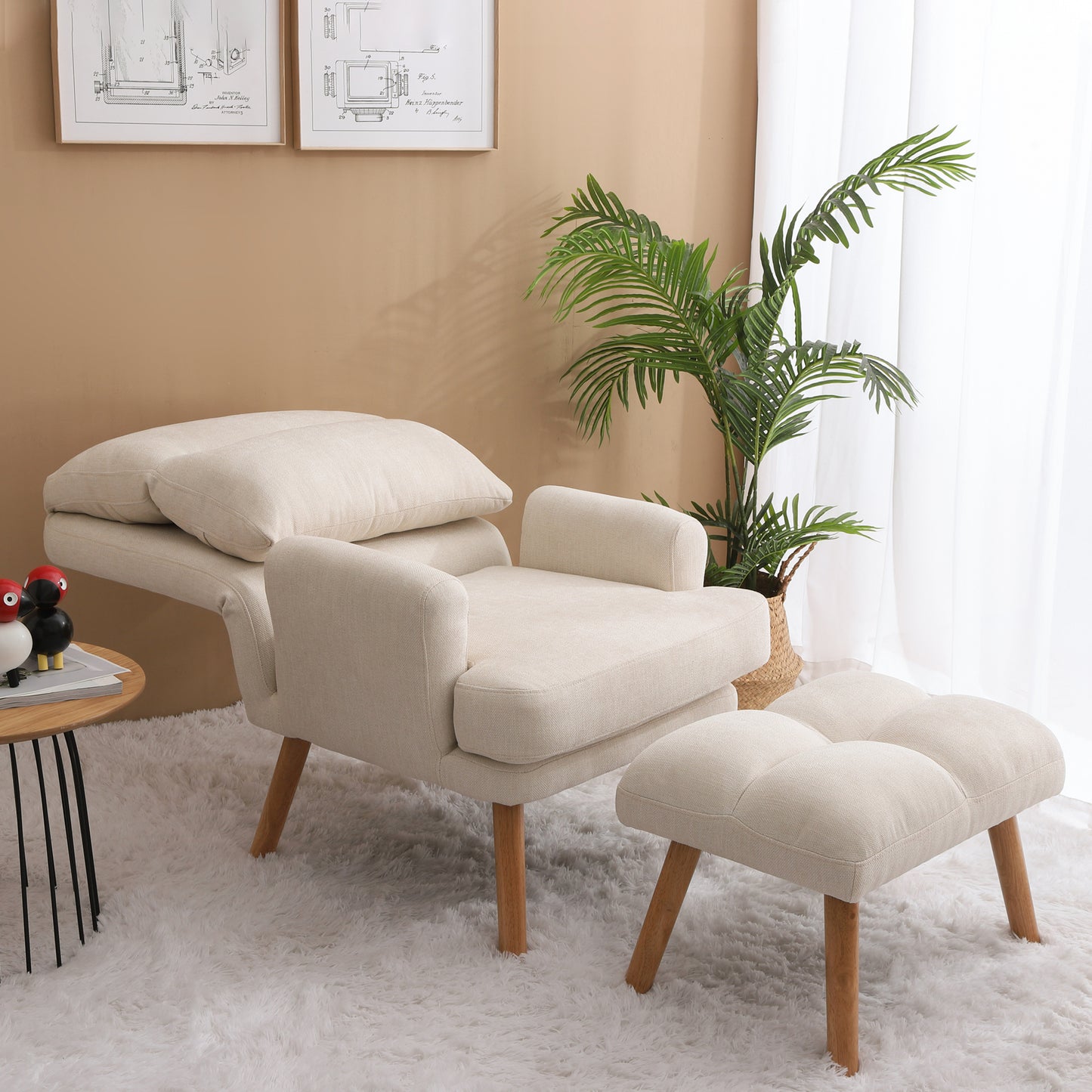 Cream linen armchair with tufted cushion and matching ottoman minimalist design