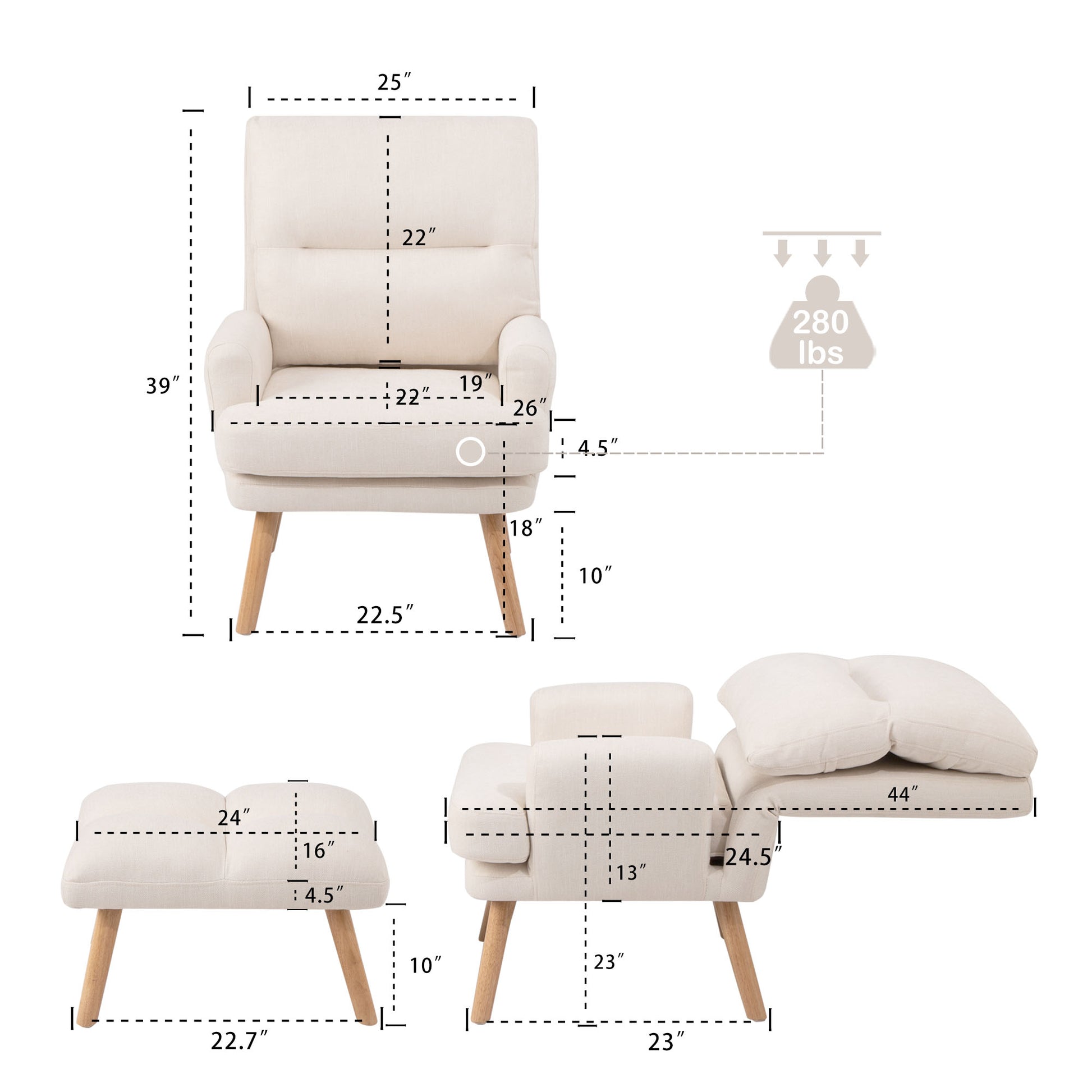 Cream fabric accent chair with wooden legs and dimension callouts
