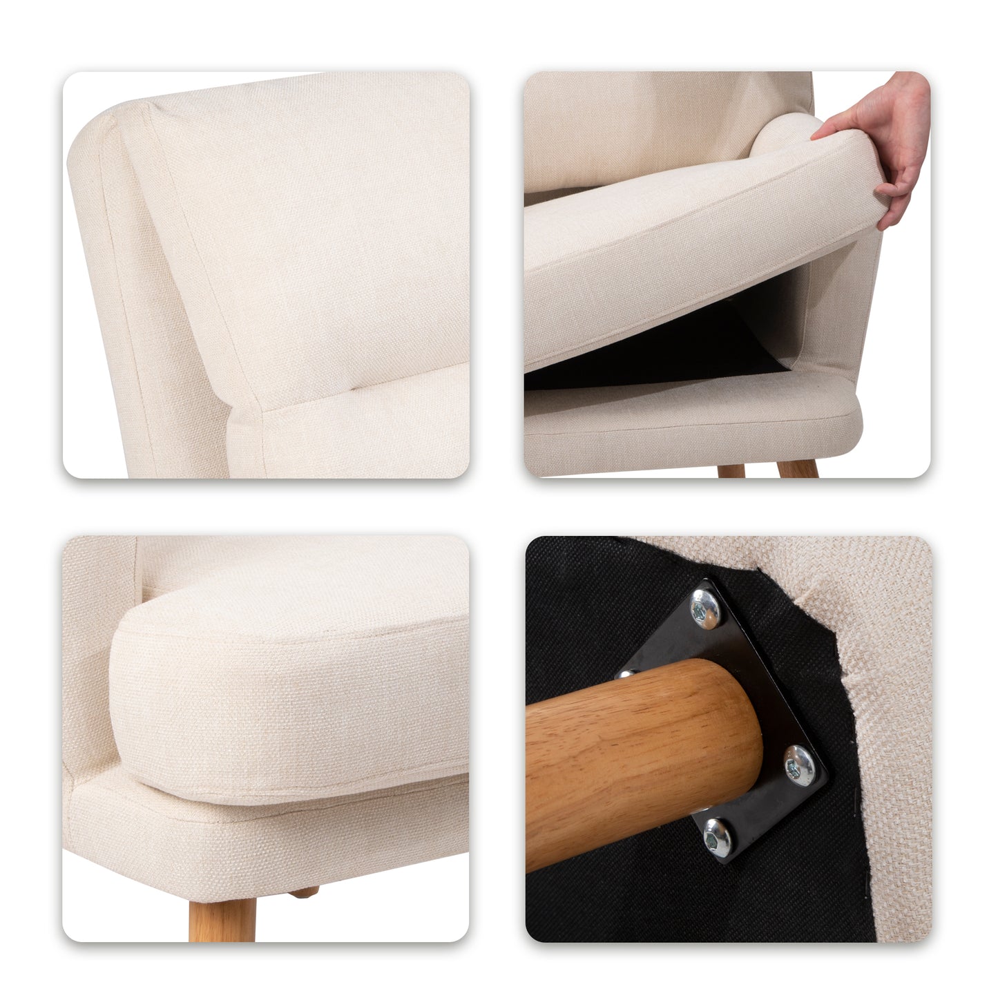 Closeup of the textured cream fabric on a comfortable accent chairs armrest