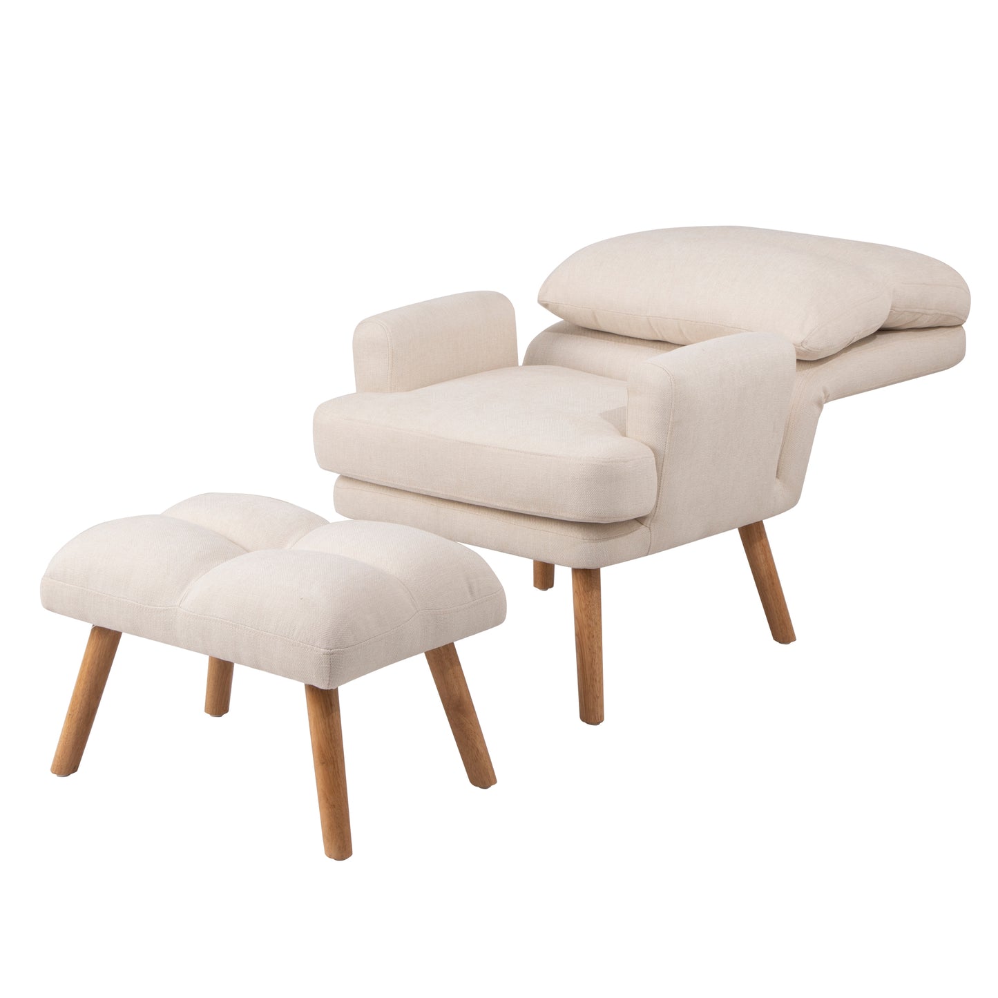 Beige upholstered armchair with adjustable headrest and matching ottoman with wooden legs