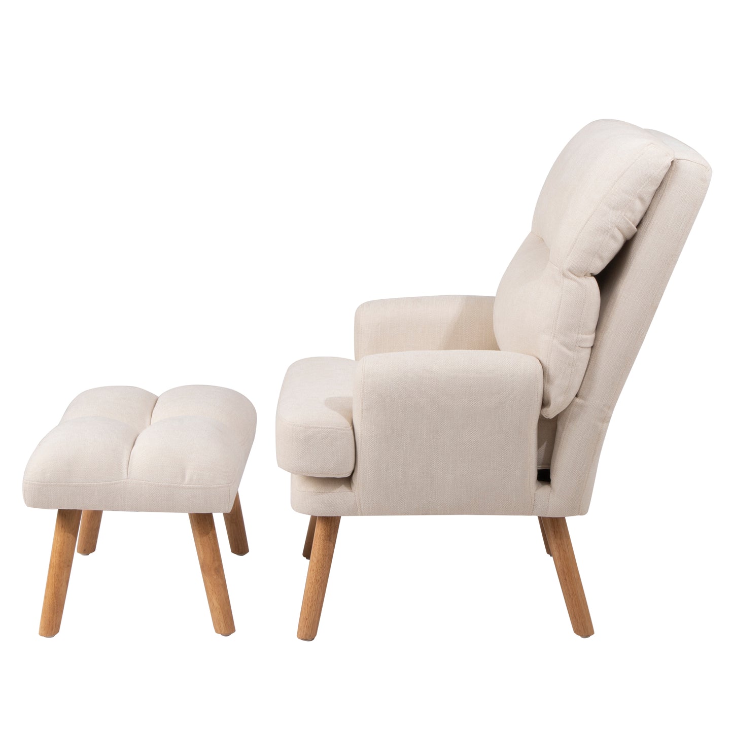 Cream fabric recliner chair with tufted ottoman and wooden legs for ultimate relaxation