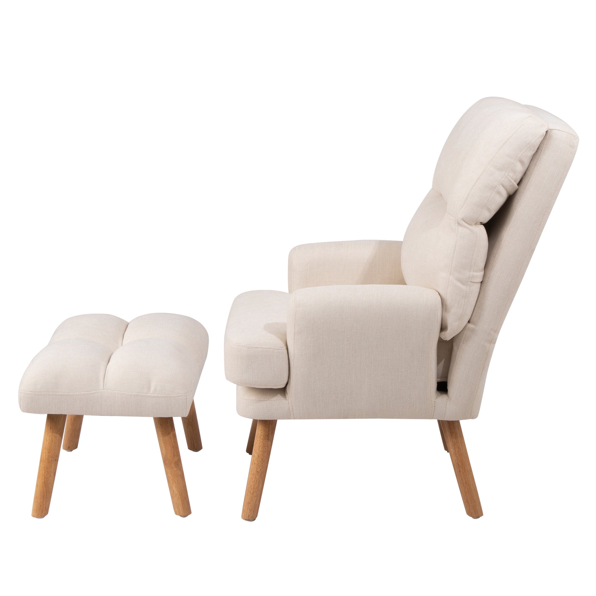 Cream fabric recliner chair with tufted ottoman and wooden legs for ultimate relaxation