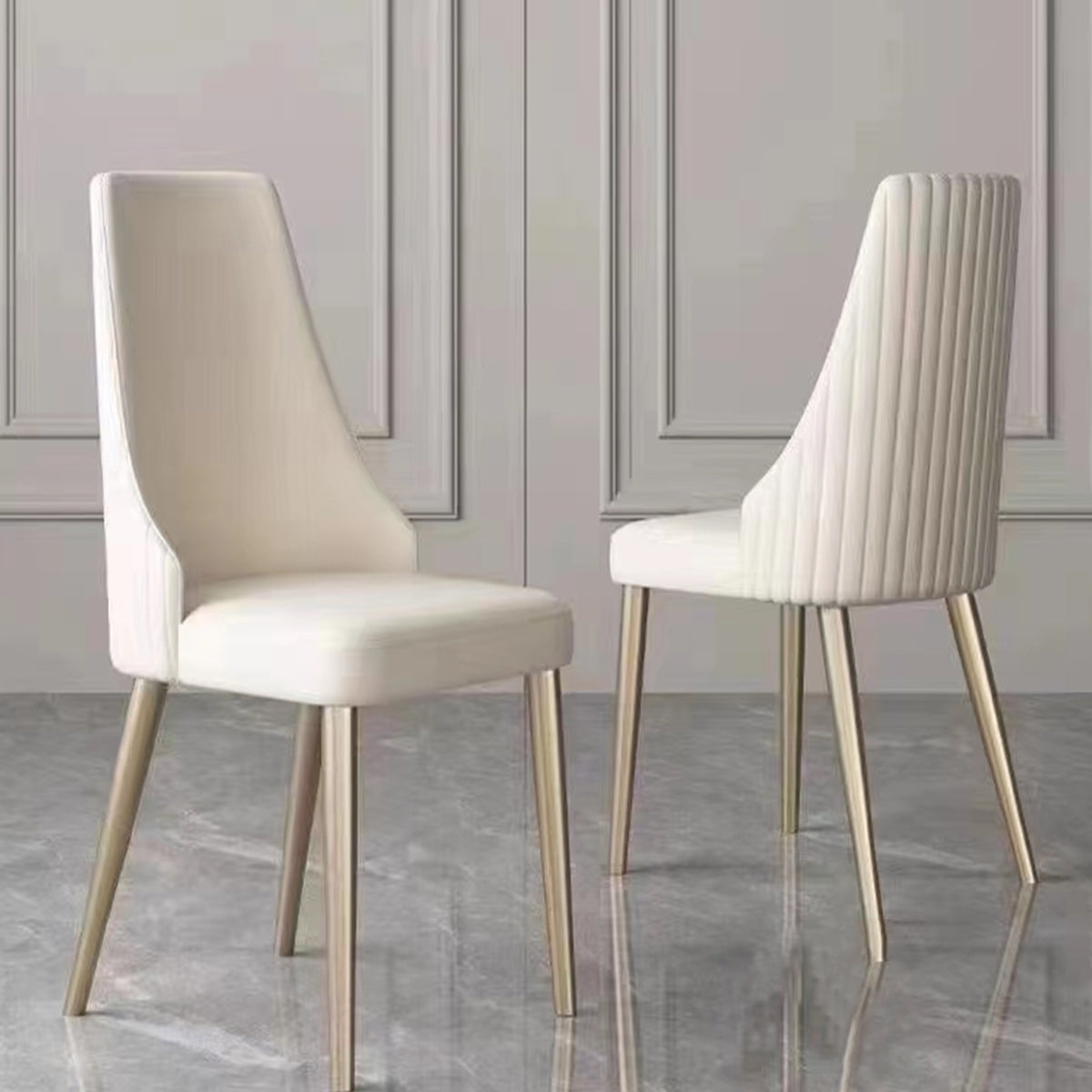 Cream upholstered dining chair with gold legs and tufted back